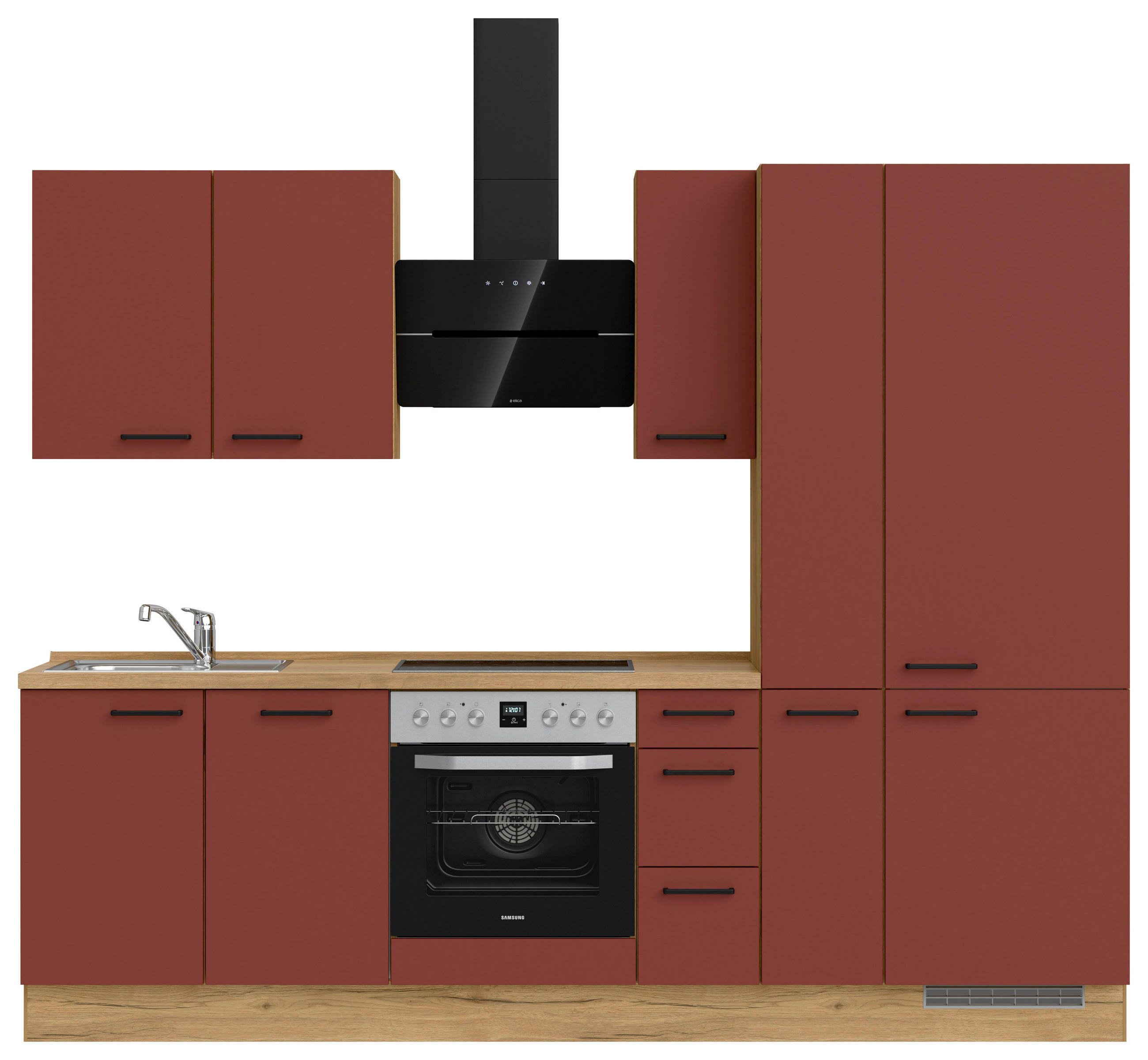 KÜCHENBLOCK 270 cm   in Eichefarben, Dunkelrot  - Eichefarben/Schwarz, MODERN, Holzwerkstoff/Metall (270cm) - Nobilia