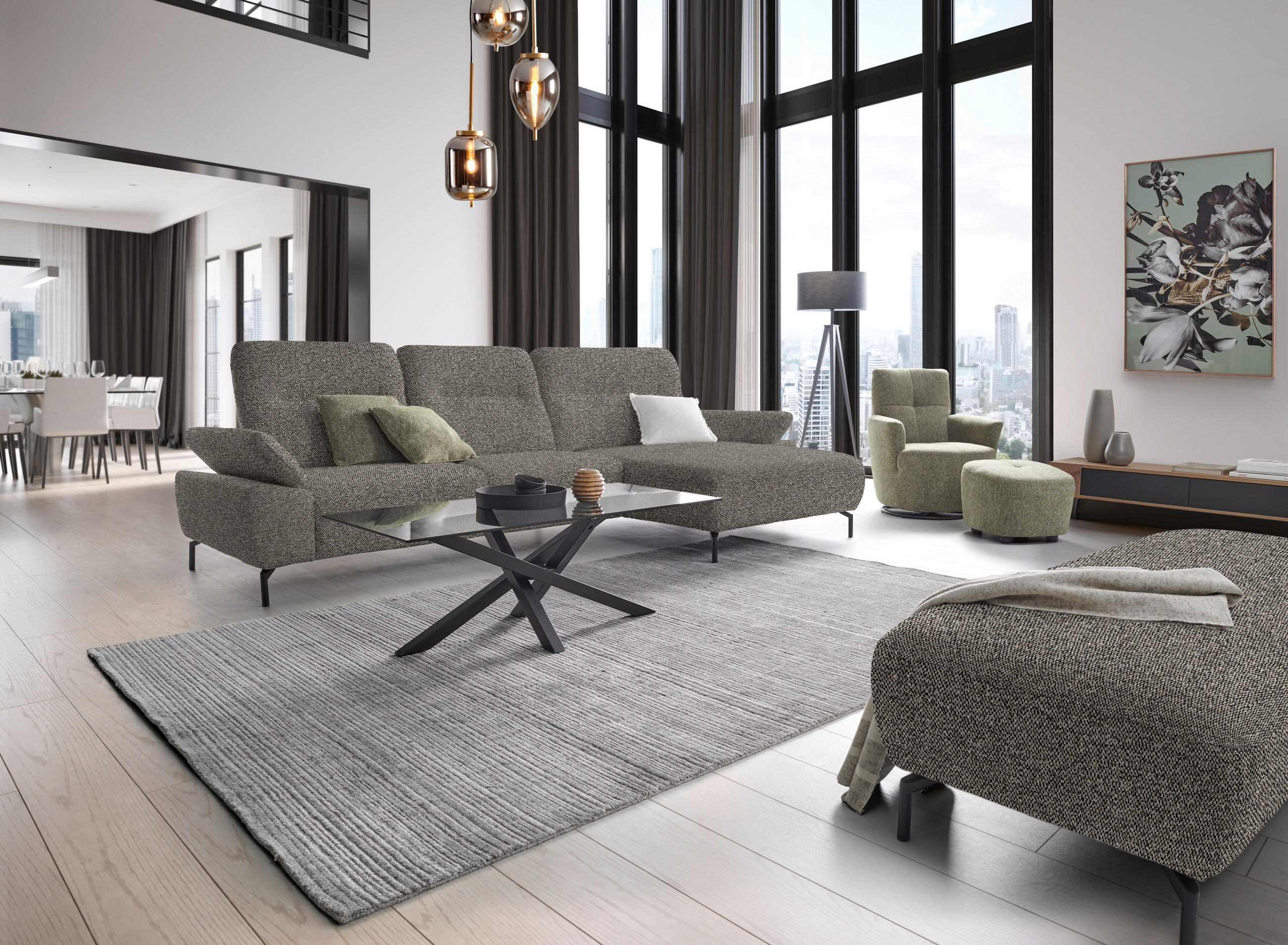 ECKSOFA in Chenille, Flachgewebe Hellbraun  318/165 cm  - Hellbraun/Schwarz, Design, Textil/Metall (318/165cm) - Xora