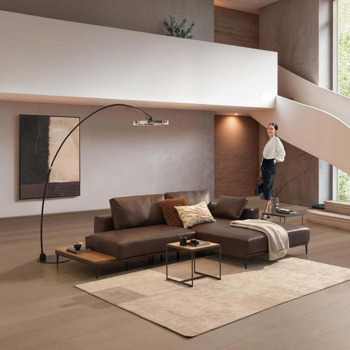 ECKSOFA in Echtleder Dunkelbraun  - Dunkelbraun/Schwarz, Design, Leder/Metall (304/201cm) - Emilio Belluti