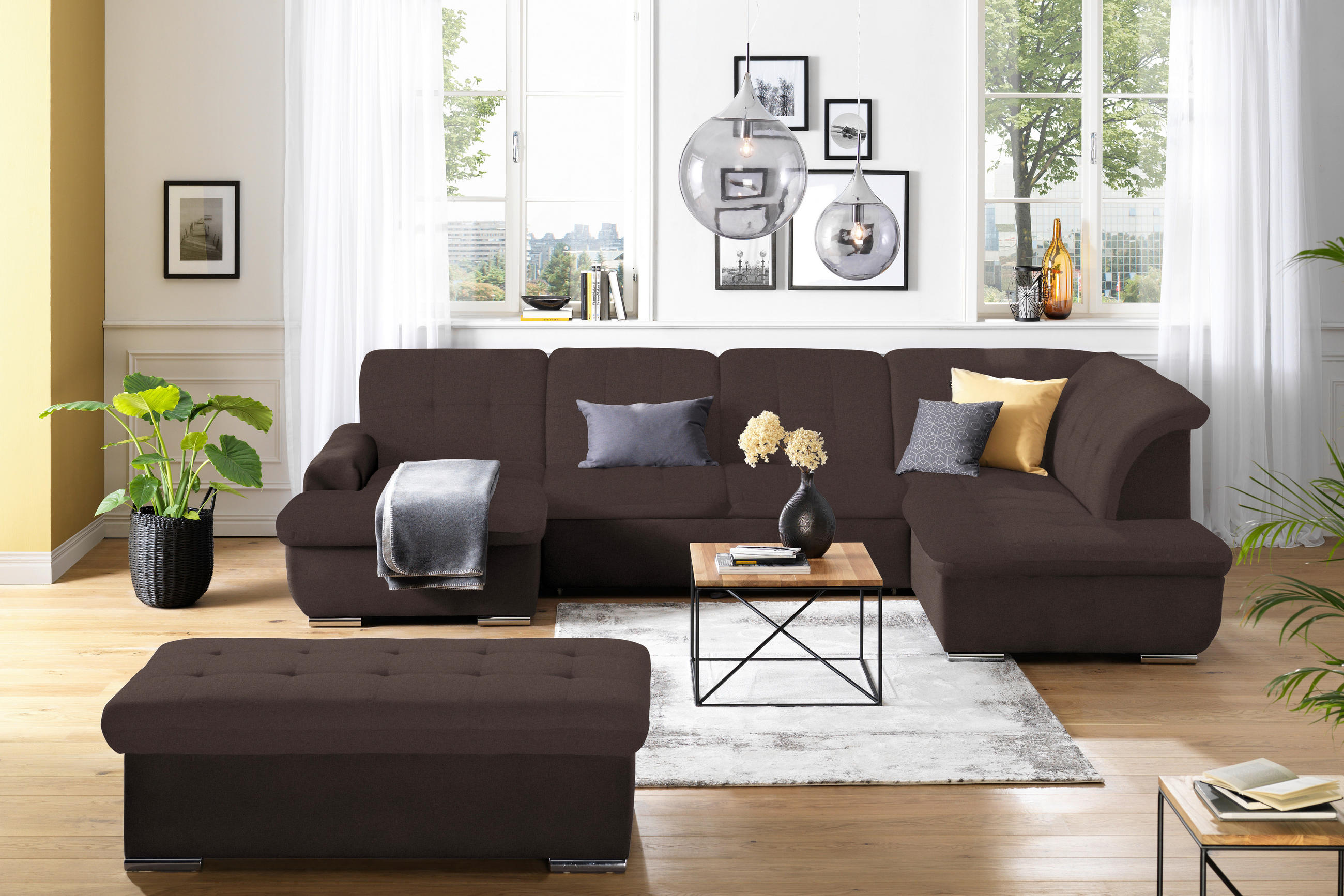 HOCKER in Textil Dunkelbraun  - Dunkelbraun/Silberfarben, Design, Textil/Metall (137/43/74cm) - Cantus