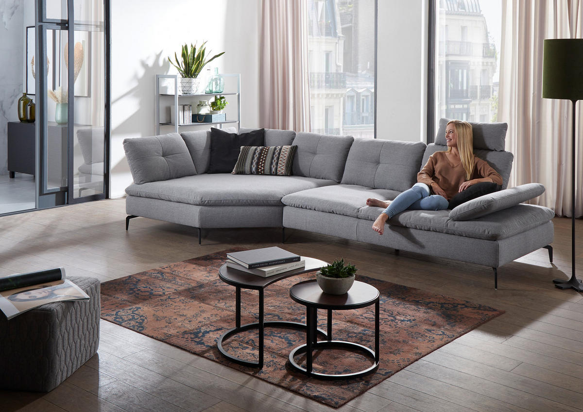 ECKSOFA Hellgrau Flachgewebe  - Hellgrau/Schwarz, Design, Textil/Metall (159/344cm) - Chilliano