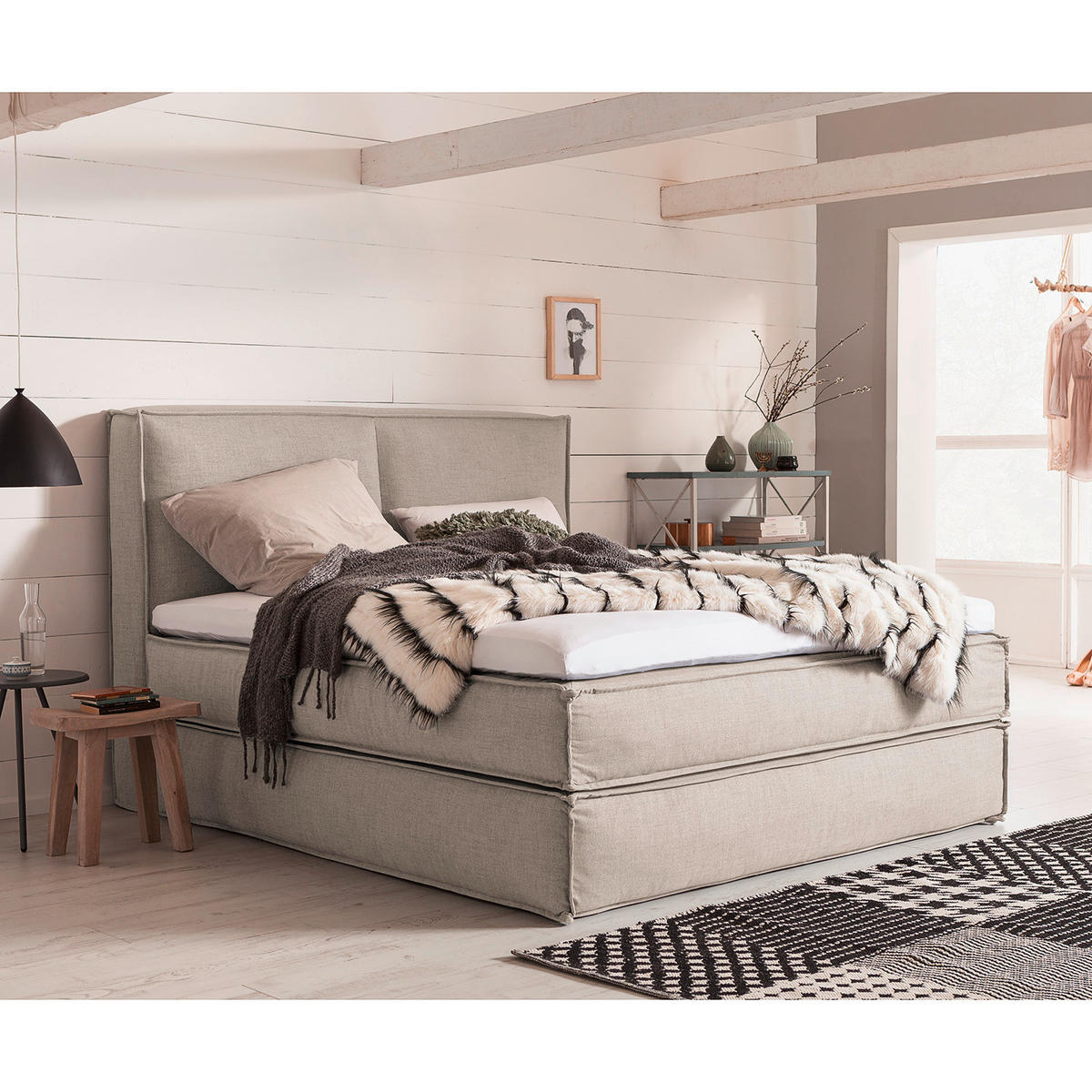 BOXSPRINGBETT 160/200 cm  in Beige  - Beige/Schwarz, Design, Textil (160/200cm) - home24