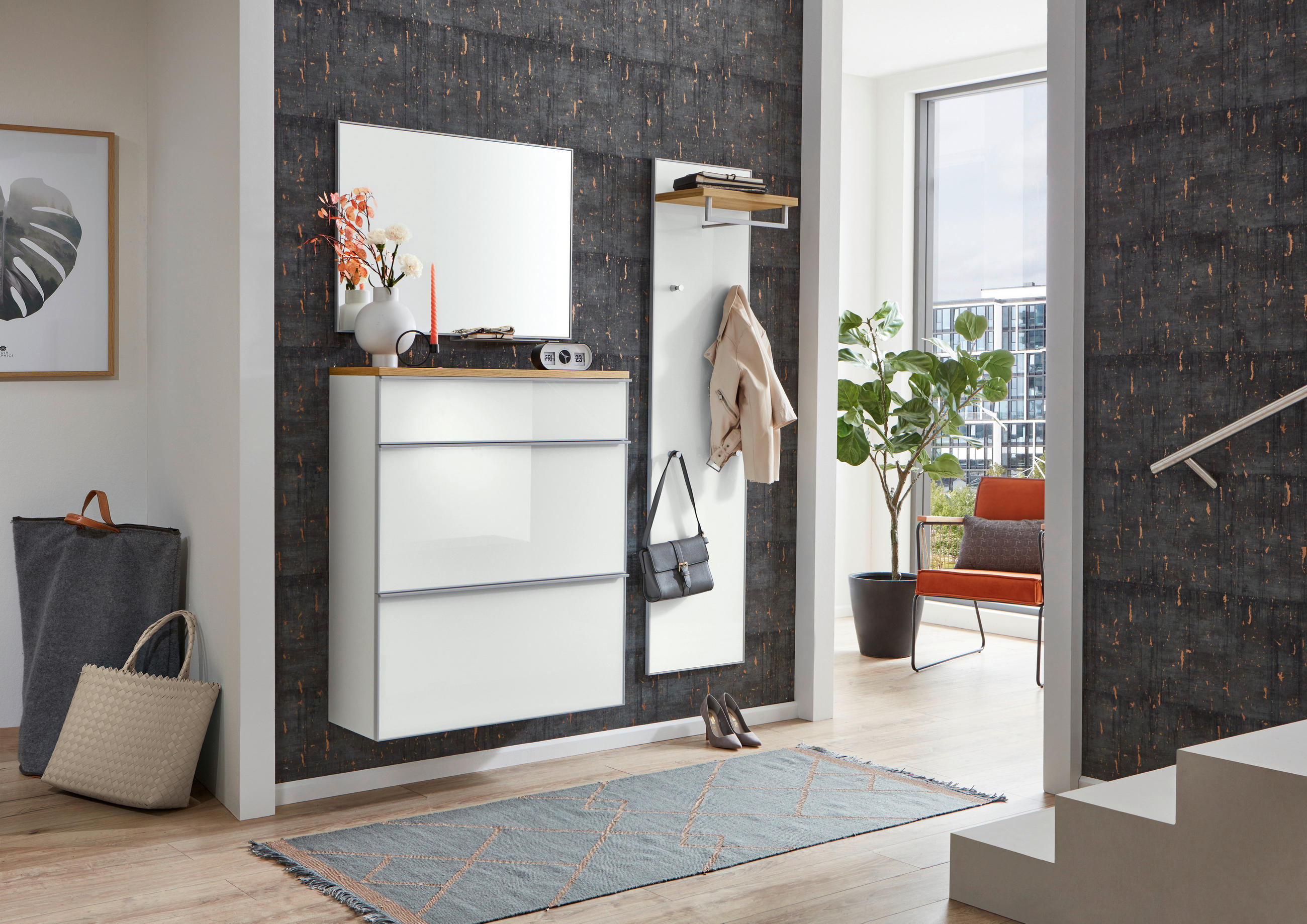 Thumbnail - Schuhkipper, Weiß, Eiche, Metall, Balkeneiche, furniert, 4 Fächer, 1 Schublade(n) Schubladen, 84x102x31 cm, Goldenes M, ...