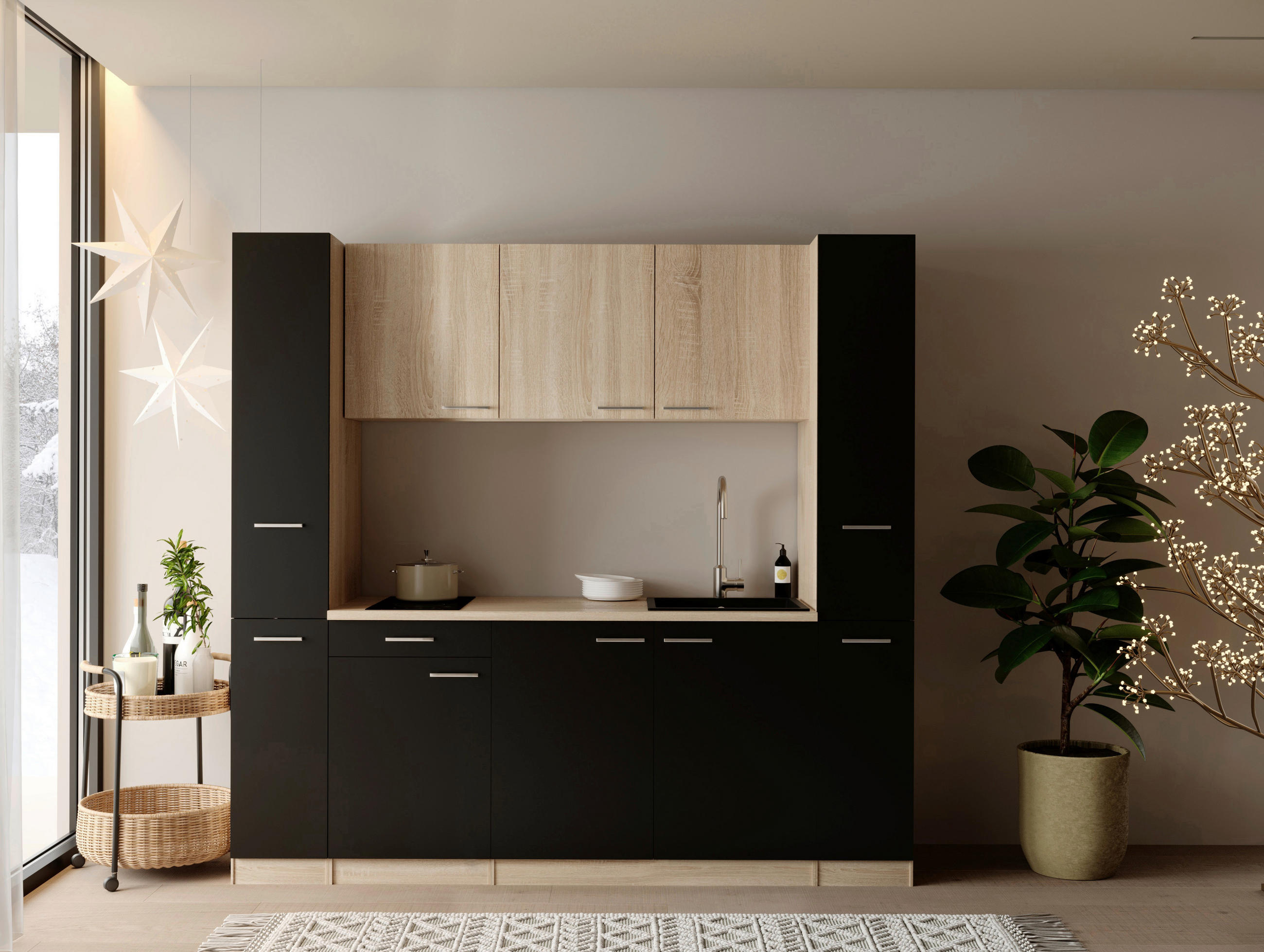 KÜCHENBLOCK Ingrid 210 cm  in Schwarz  - Eichefarben/Alufarben, Design, Holzwerkstoff/Kunststoff (210cm) - Respekta