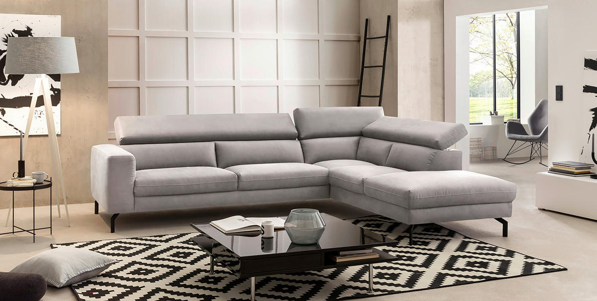 ECKSOFA CALIFORNIA Silberfarben Mikrofaser  - Silberfarben/Schwarz, MODERN, Textil/Metall (305/233cm) - Trendmanufaktur