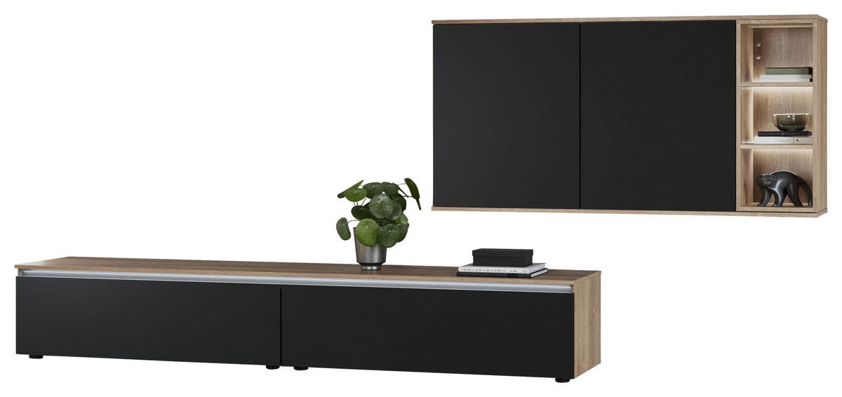 WOHNWAND  in Schwarz, Eichefarben  330/150/48,5 cm  - Eichefarben/Schwarz, Design, Holzwerkstoff/Kunststoff (330/150/48,5cm) - Celina Home