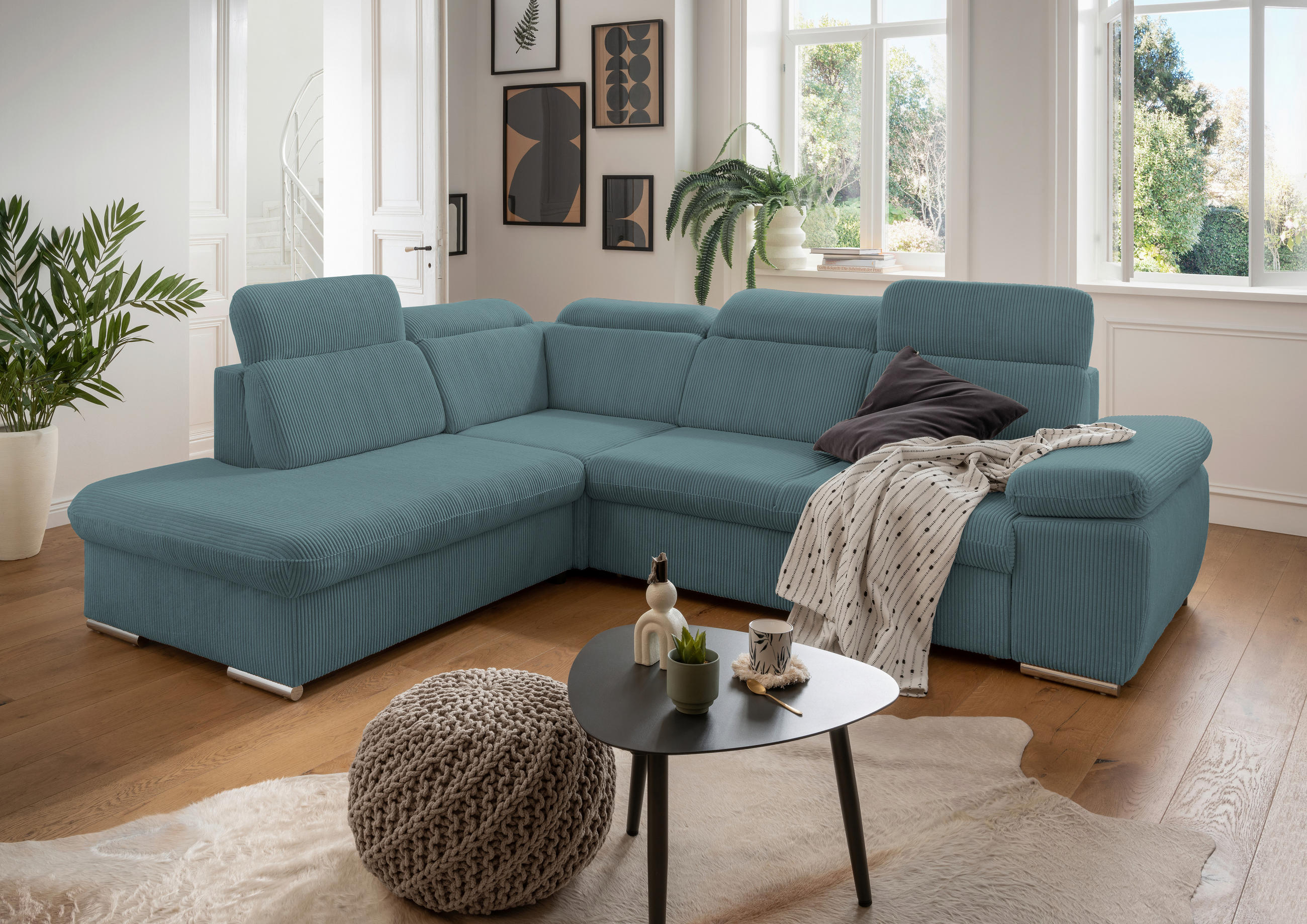 ECKSOFA in Cord Petrol  - Chromfarben/Petrol, Design, Textil/Metall (228/283cm) - Livetastic