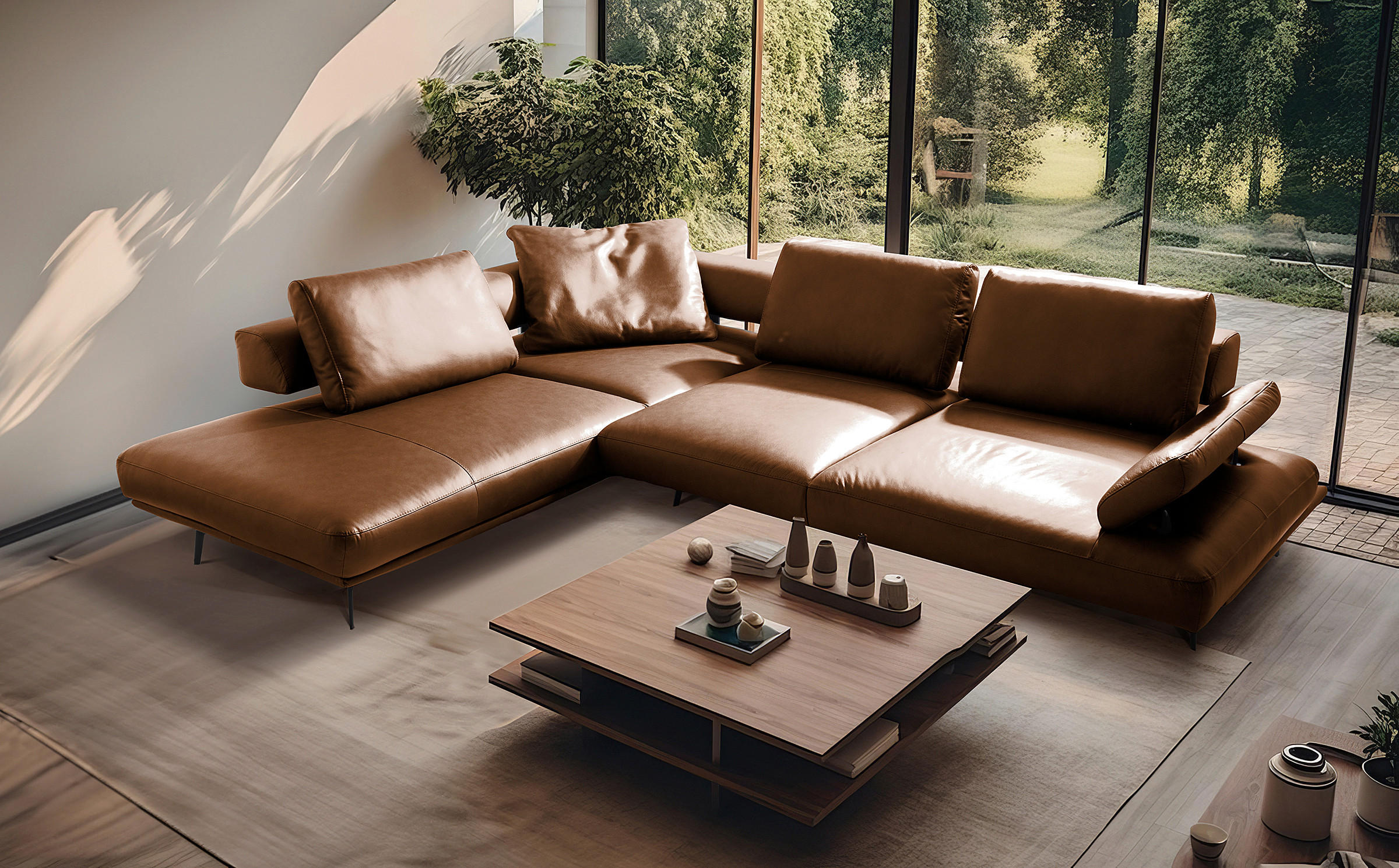 ECKSOFA  in Echtleder Cognac  237/306 cm  - Cognac/Schwarz, Design, Leder/Metall (237/306cm) - Livetastic