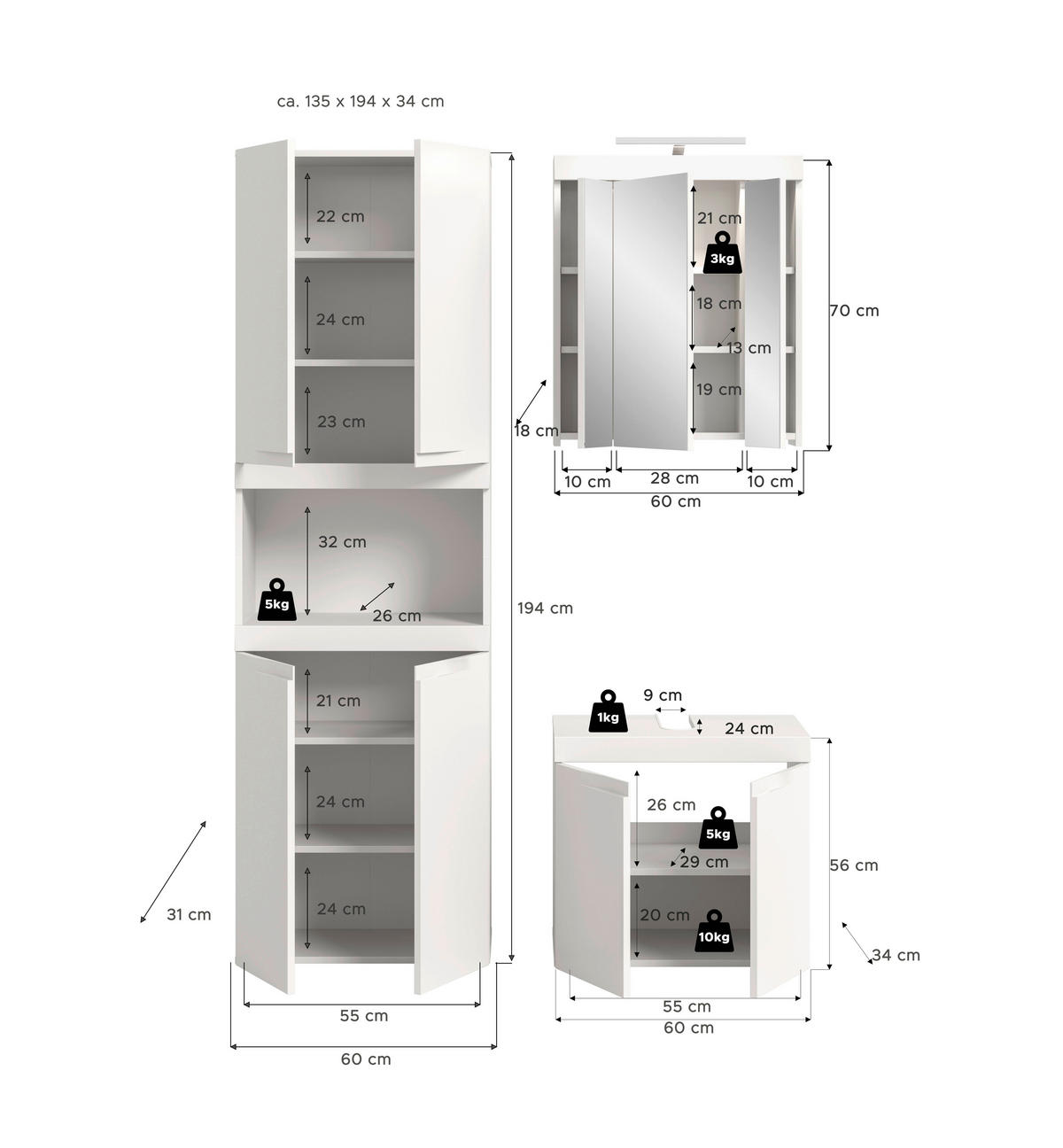 KOUPELNA bílá  - bílá/černá, Trend, kompozitní dřevo/plast (135cm) - MID.YOU