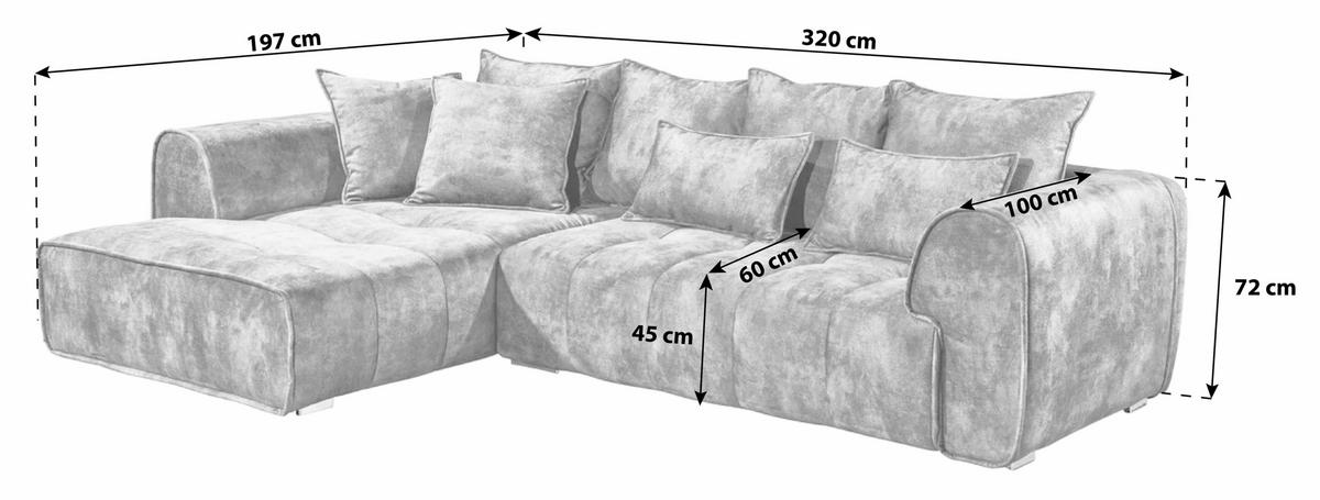 ECKSOFA Mikrovelours Grau  - Silberfarben/Grau, Modern, Kunststoff/Textil (197/320cm) - MID.YOU