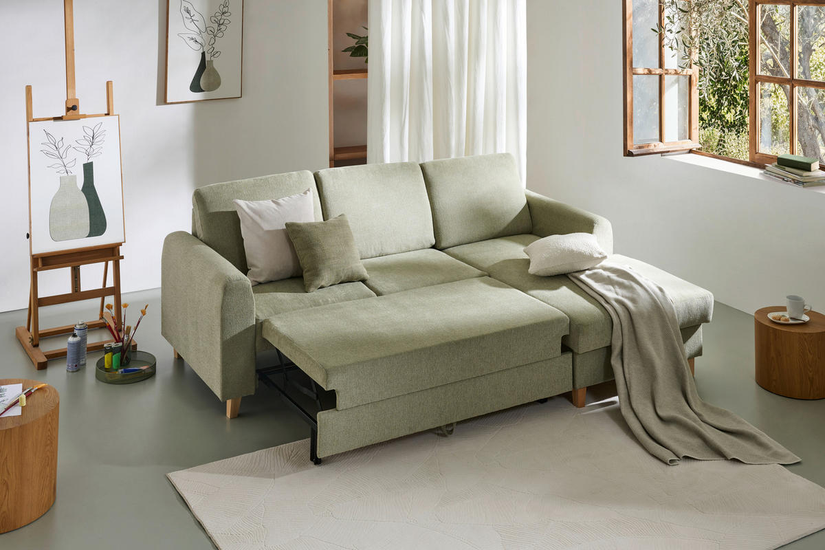 ECKSOFA Hellgrün Flachgewebe  - Buchefarben/Hellgrün, KONVENTIONELL, Holz/Textil (241/166cm) - Carryhome