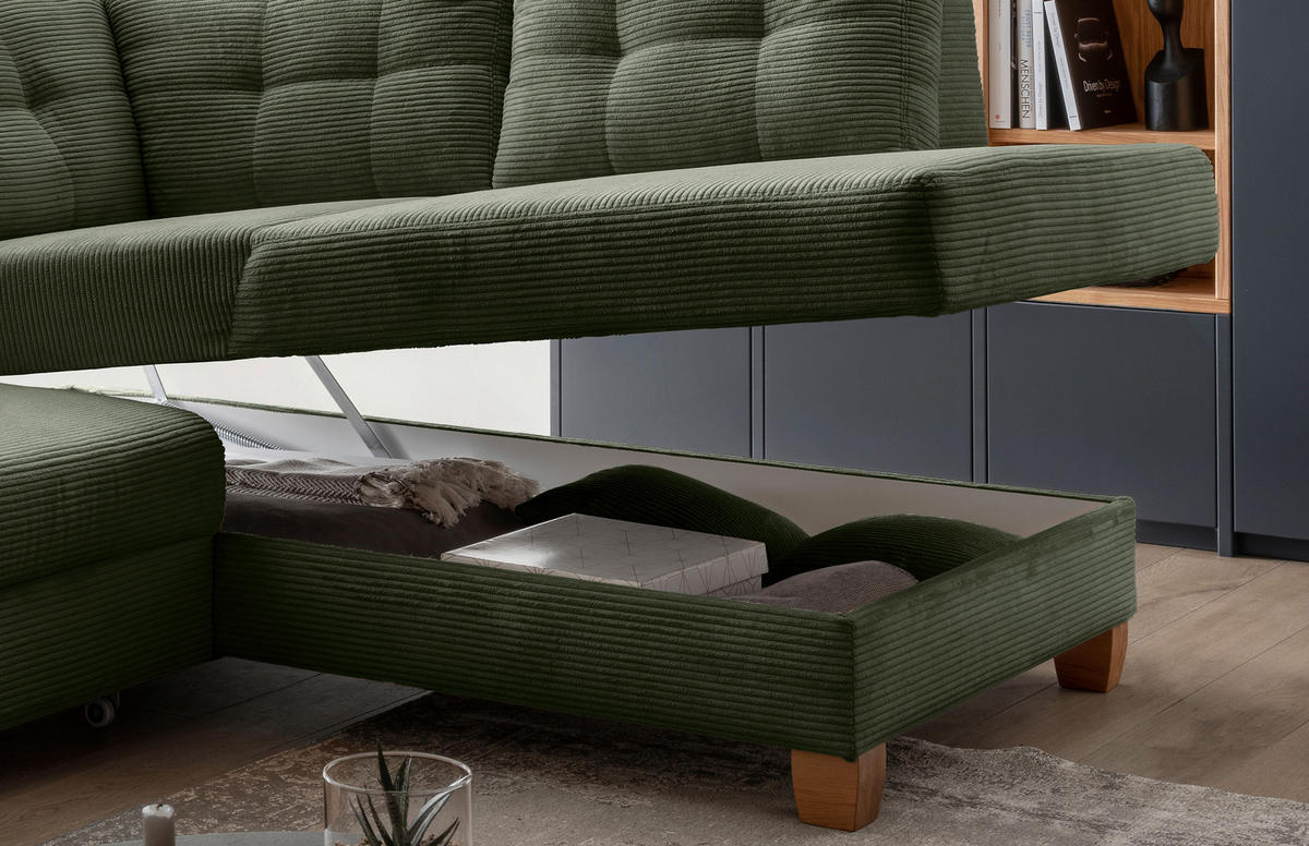 ECKSOFA in Cord Dunkelgrün  - Dunkelgrün/Naturfarben, Modern, Holz/Textil (274/206cm) - Livetastic