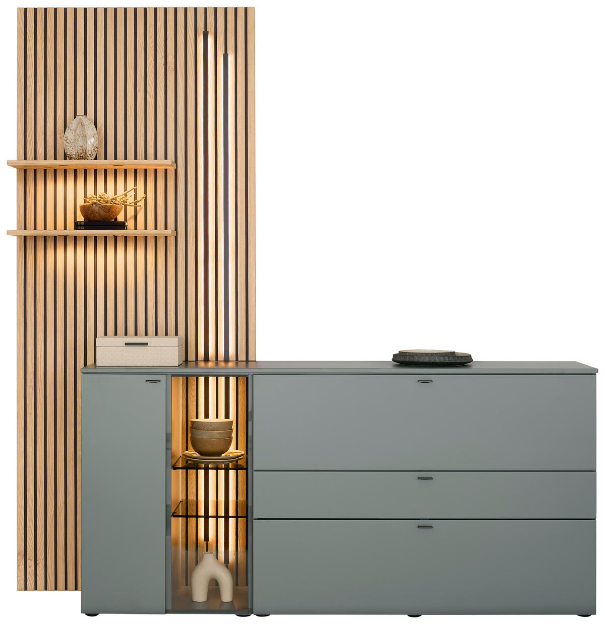 SIDEBOARD Grün, Eichefarben  210/224/43 cm  - Eichefarben/Anthrazit, Design, Glas/Holz (210/224/43cm) - Venjakob