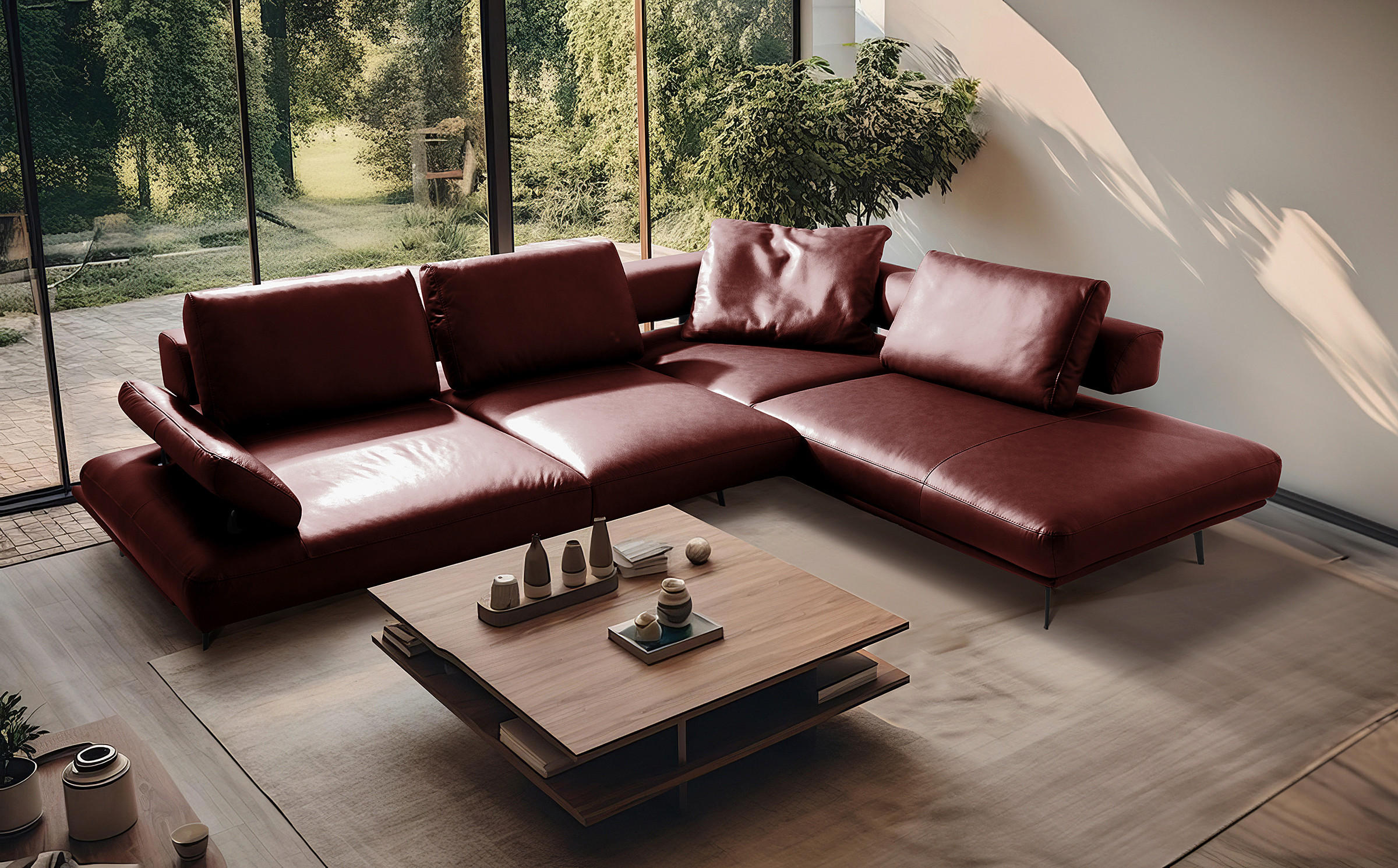 ECKSOFA Rot Echtleder  - Rot/Schwarz, Design, Leder/Metall (306/237cm) - Livetastic