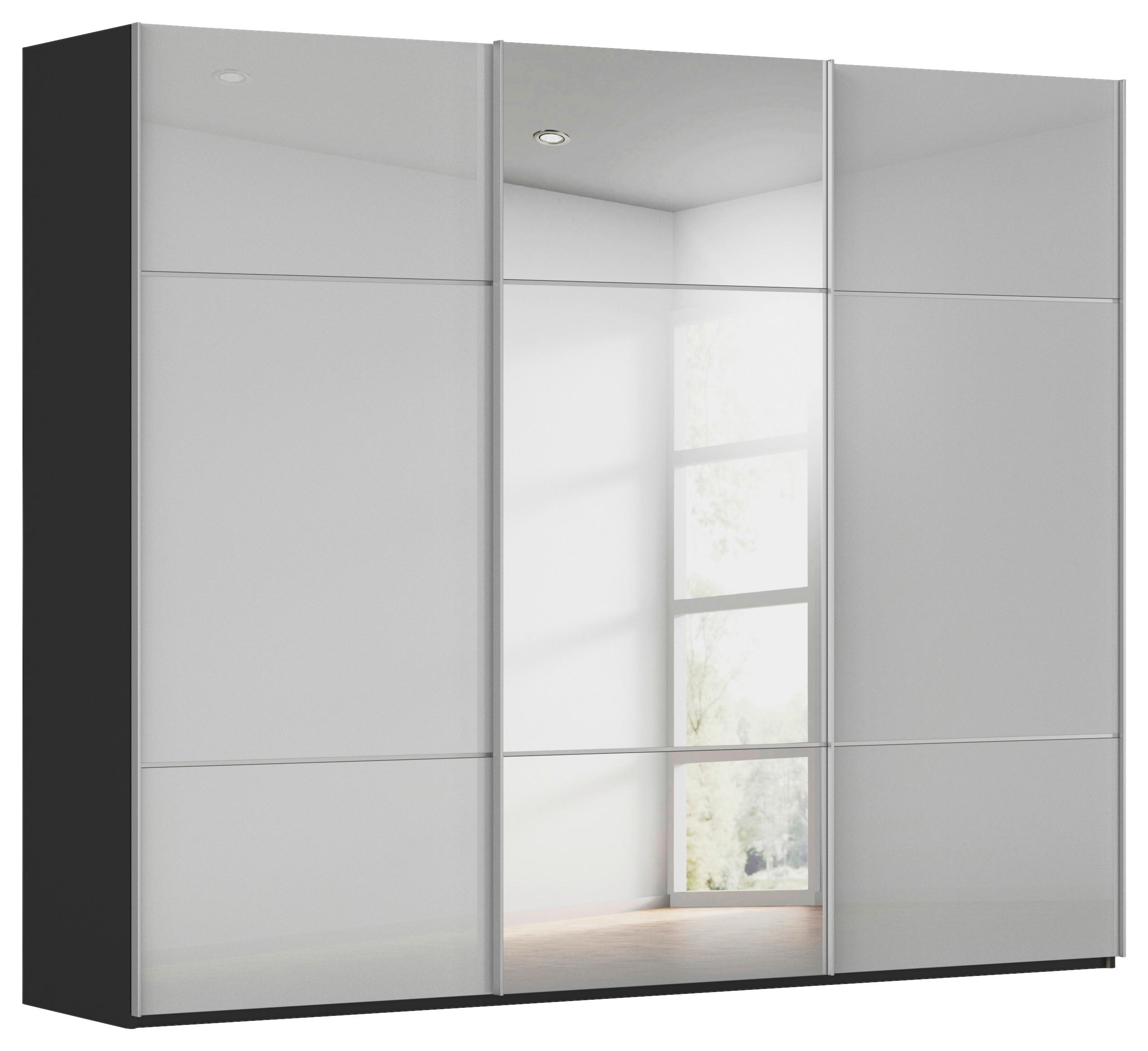 SCHWEBETÜRENSCHRANK 271/223/68 cm 3-türig Grau, Schwarz  - Alufarben/Schwarz, KONVENTIONELL, Glas/Holzwerkstoff (271/223/68cm) - Novel