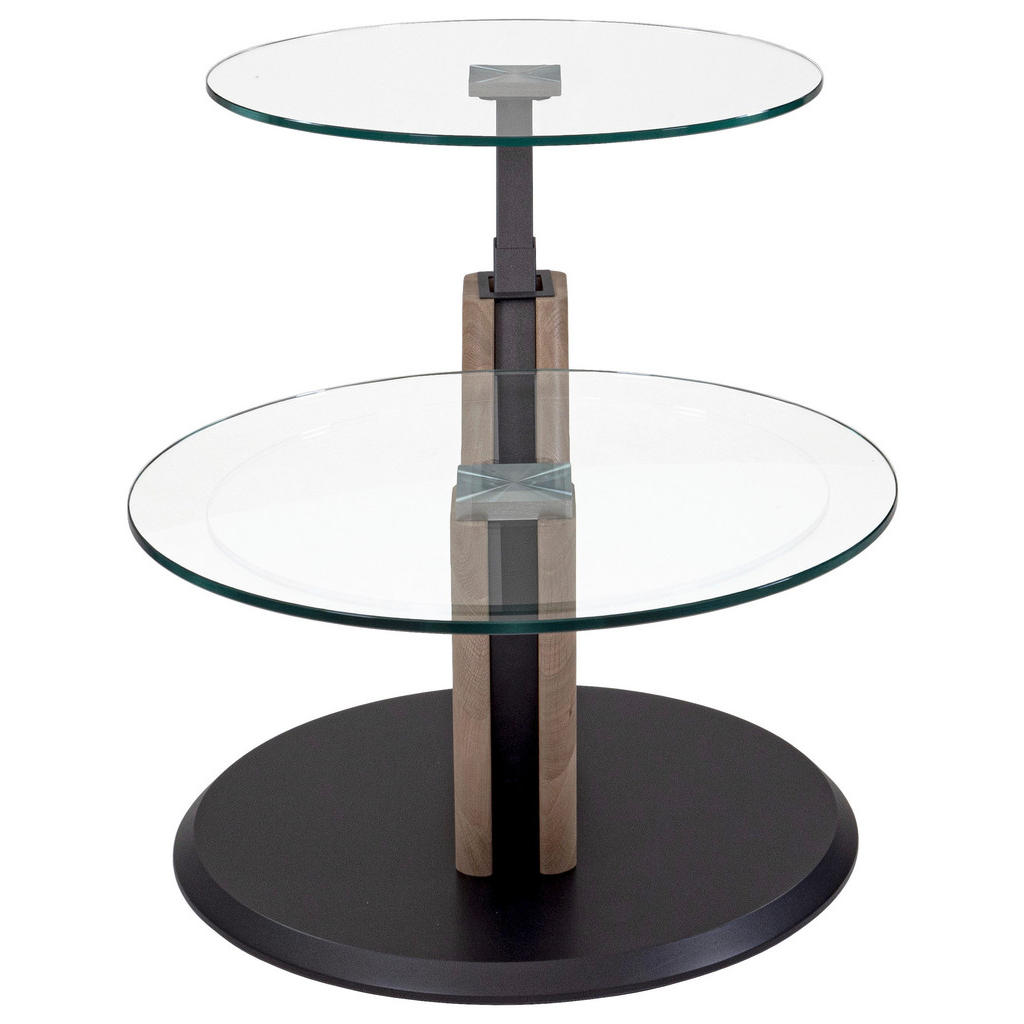 Thumbnail - Venda Couchtisch, Anthrazit, Wildeiche, Holz, Glas, Wildeiche, massiv, rund, Bodenplatte, 60x45-62x110 cm, höhenverstell...