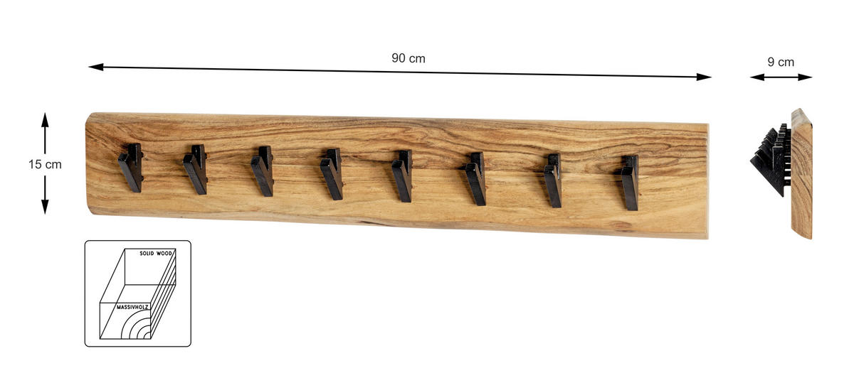 WANDGARDEROBE  in Akazie massiv Schwarz, Akaziefarben  - Schwarz/Akaziefarben, KONVENTIONELL, Holz/Metall (90/15/9cm)