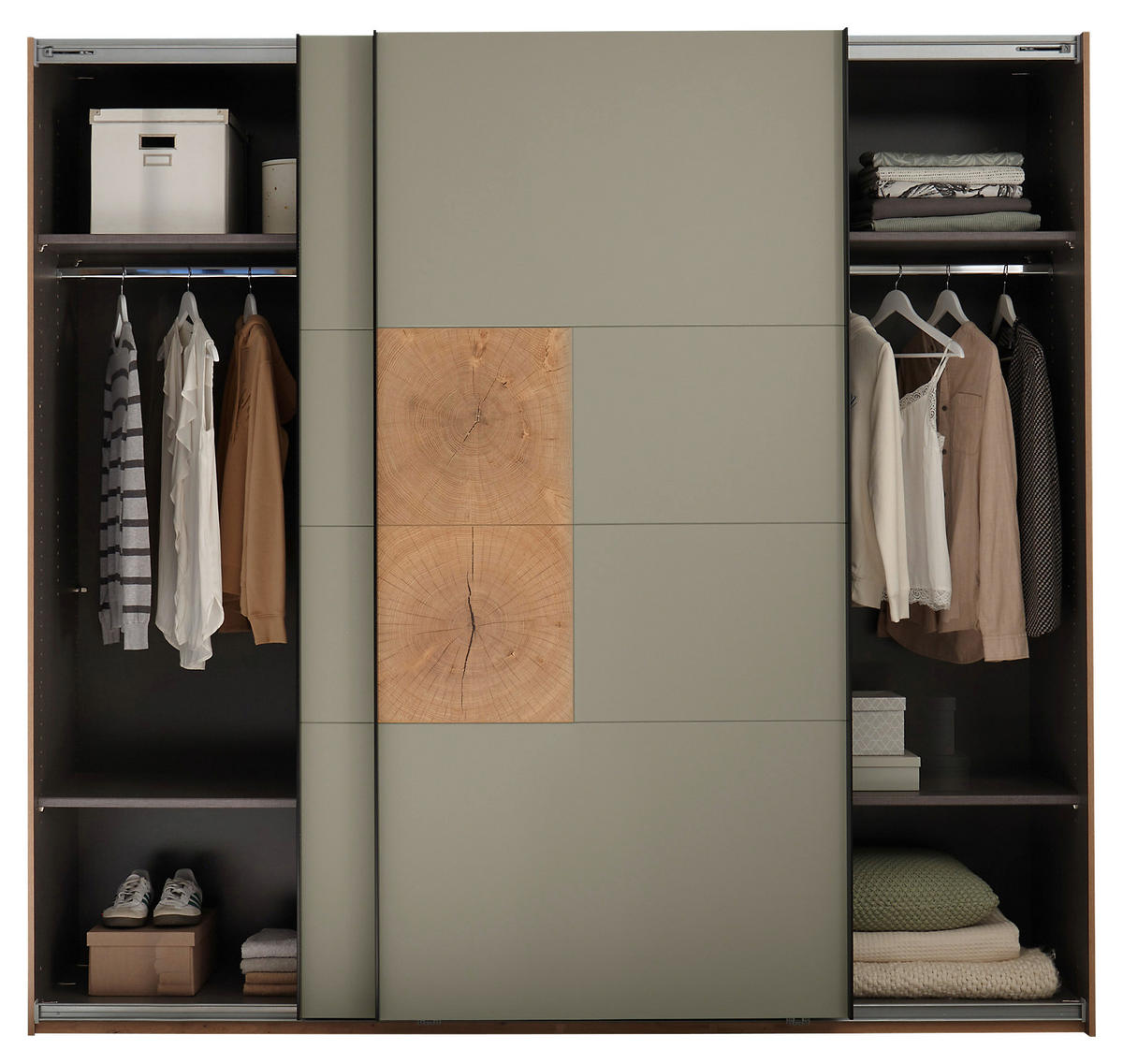 SCHWEBETÜRENSCHRANK  in Salbeigrün, Eiche Artisan  - Salbeigrün/Schwarz, KONVENTIONELL, Holzwerkstoff/Metall (240/225,5/63,7cm) - Xora