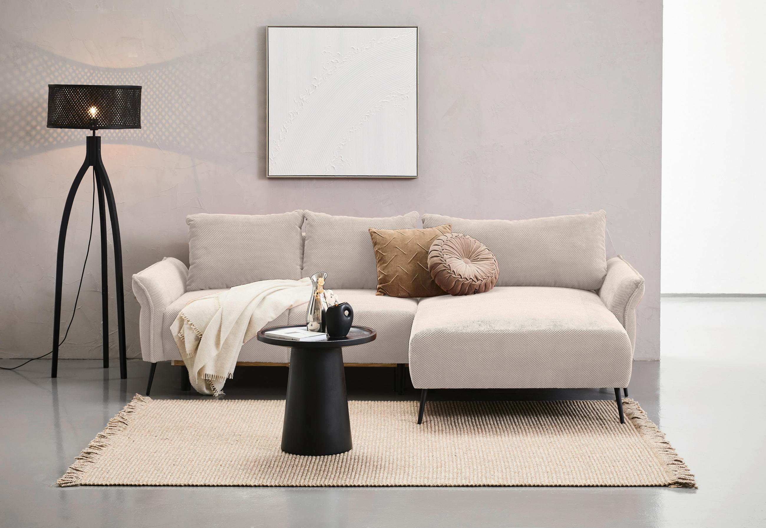ECKSOFA in Chenille Creme  - Creme/Schwarz, Konventionell, Textil/Metall (255/164cm) - Carryhome