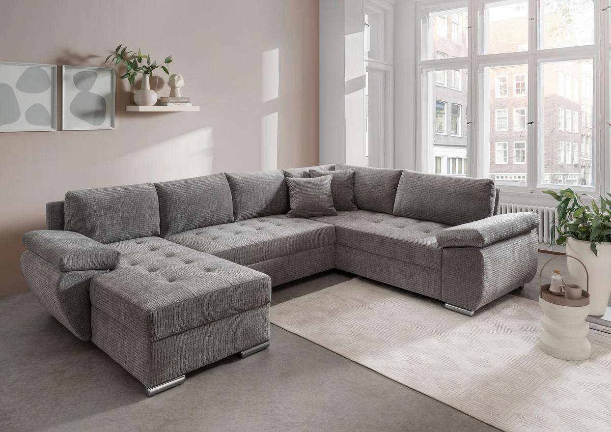 WOHNLANDSCHAFT in Mikrofaser Grau  - Chromfarben/Grau, KONVENTIONELL, Textil/Metall (157/305/219cm) - Livetastic