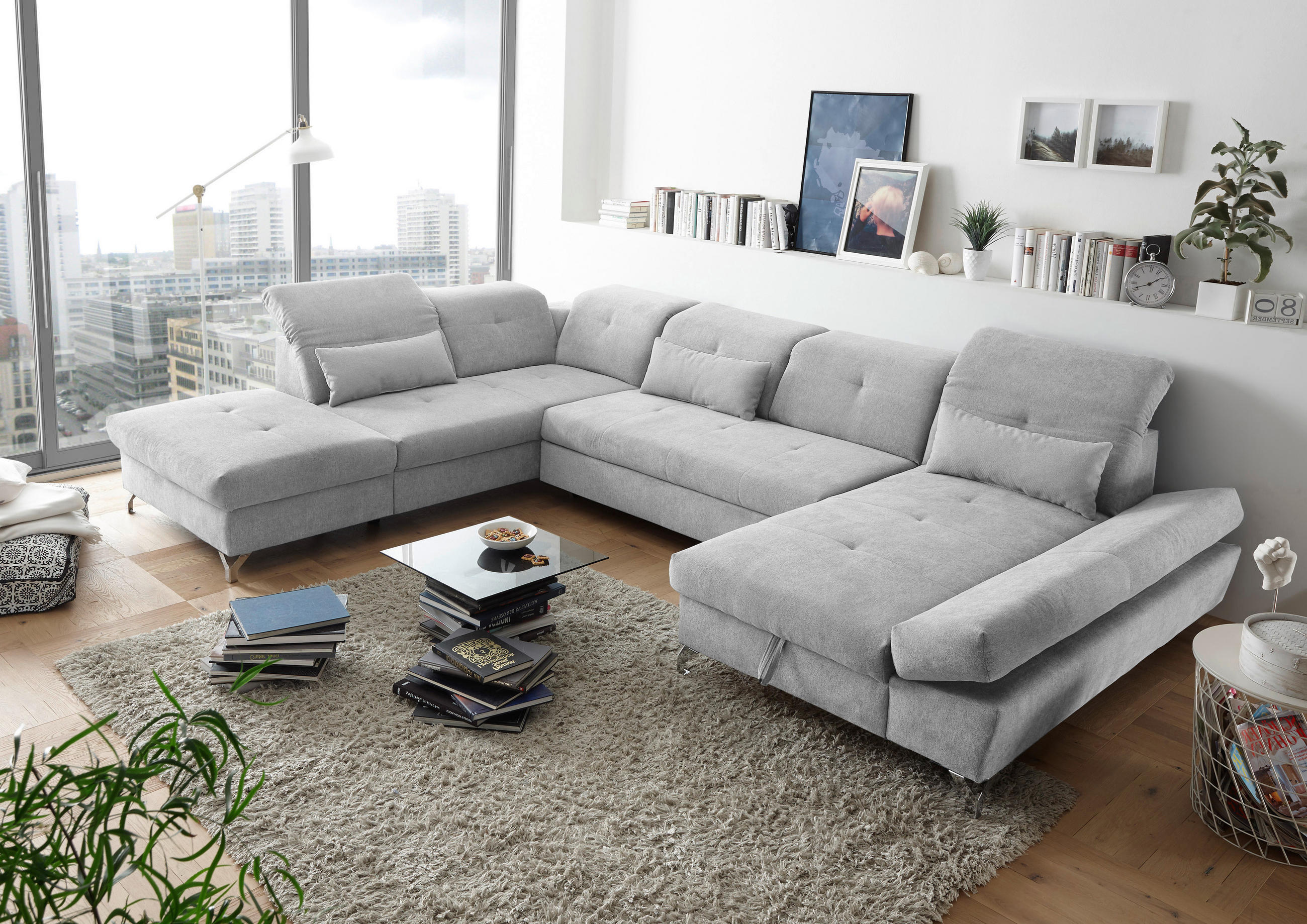 WOHNLANDSCHAFT in Mikrovelours Hellgrau  - Silberfarben/Hellgrau, Modern, Textil/Metall (245/350/168cm) - MID.YOU