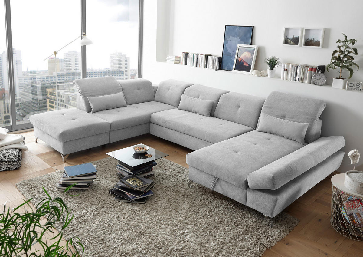 WOHNLANDSCHAFT in Mikrovelours Hellgrau  - Silberfarben/Hellgrau, Modern, Textil/Metall (245/350/168cm) - MID.YOU
