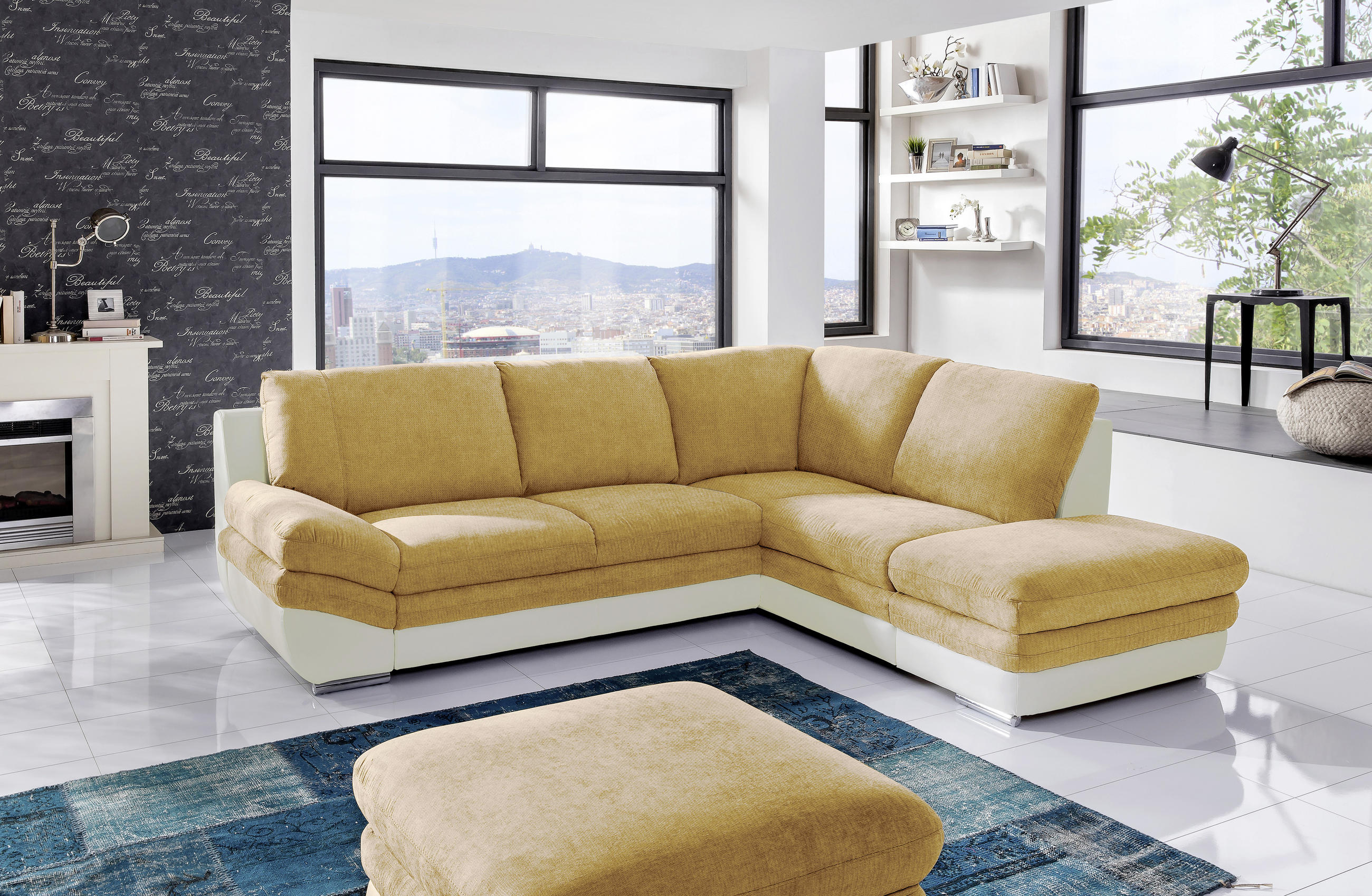 Thumbnail - Mid.you Wohnlandschaft, Creme, Dunkelgelb, Textil, Ottomane rechts, L-Form, 264x221 cm, Wohnzimmer, Sofas & Couches, Woh...