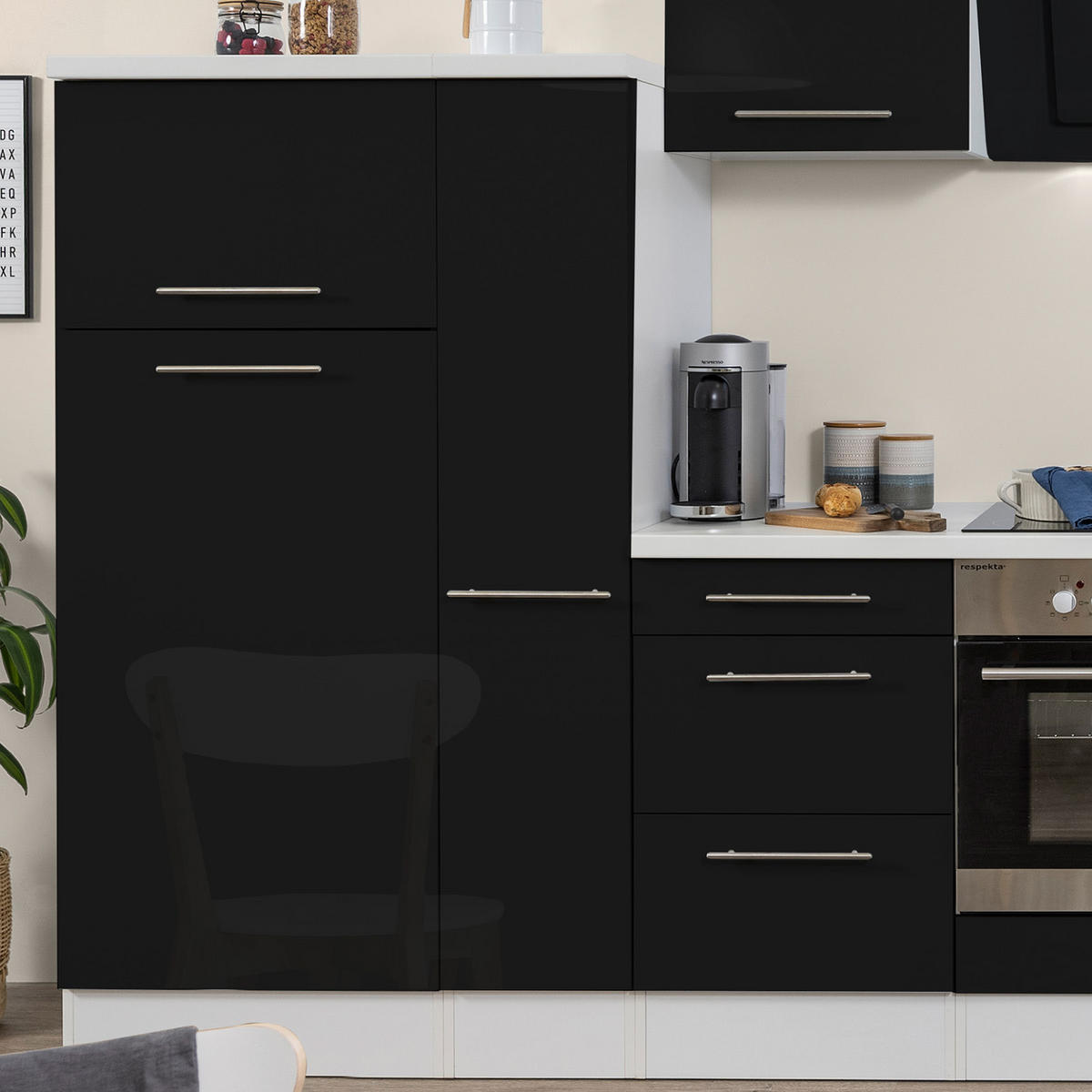 KÜCHENBLOCK 310 cm   in Schwarz, Weiß  - Edelstahlfarben/Schwarz, KONVENTIONELL, Holzwerkstoff/Metall (310cm) - Respekta