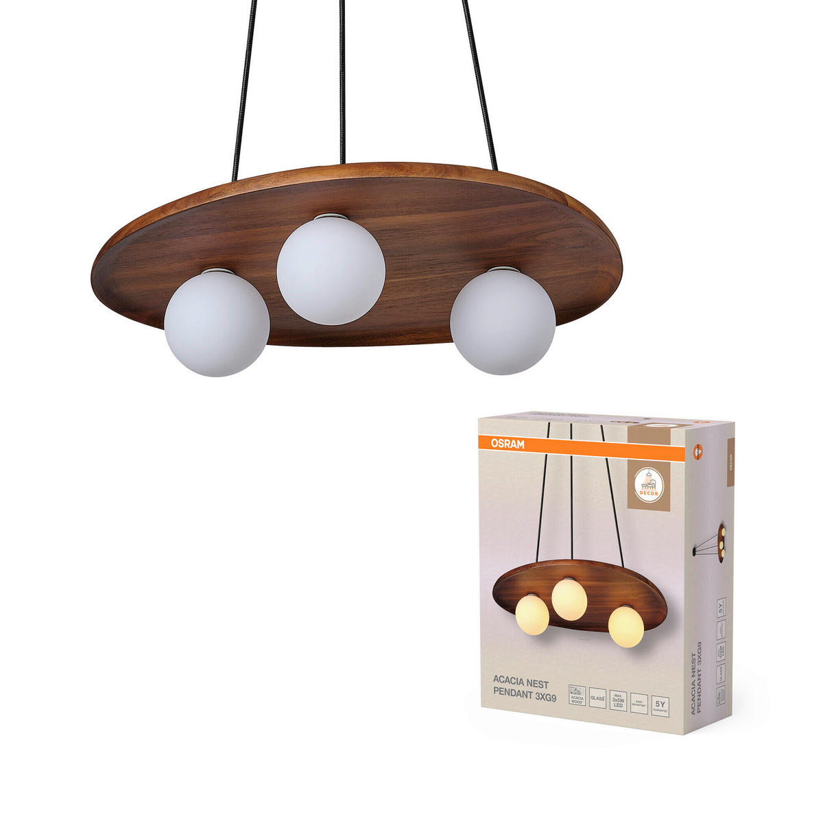 HÄNGELEUCHTE 50/38,5/150 cm  - Akaziefarben, Basics, Glas/Holz (50/38,5/150cm) - Osram