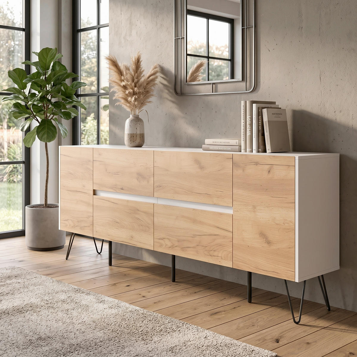 SIDEBOARD Posseik Industrial 199/75,8/42 cm 4 Schublade(n)  - Eichefarben/Weiß Hochglanz, Design, Holzwerkstoff/Metall (199/75,8/42cm) - MID.YOU