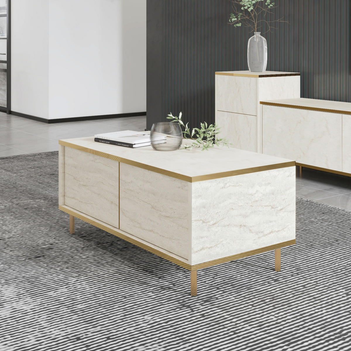 COUCHTISCH Imaj Couchtisch 90/45/40 cm rechteckig Goldfarben, Beige  - Beige/Goldfarben, Design, Holzwerkstoff/Metall (90/45/40cm) - Livetastic