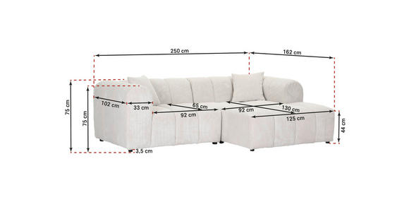ECKSOFA Hellgrau Cord Zierkissen, Rücken echt  - Hellgrau/Schwarz, KONVENTIONELL, Kunststoff/Textil (250/162cm) - Carryhome