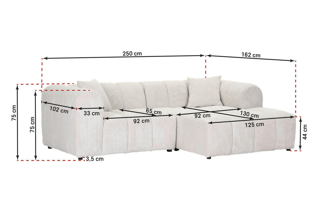 ECKSOFA Naturfarben Cord Zierkissen, Rücken echt  - Schwarz/Naturfarben, KONVENTIONELL, Kunststoff/Textil (250/162cm) - Carryhome