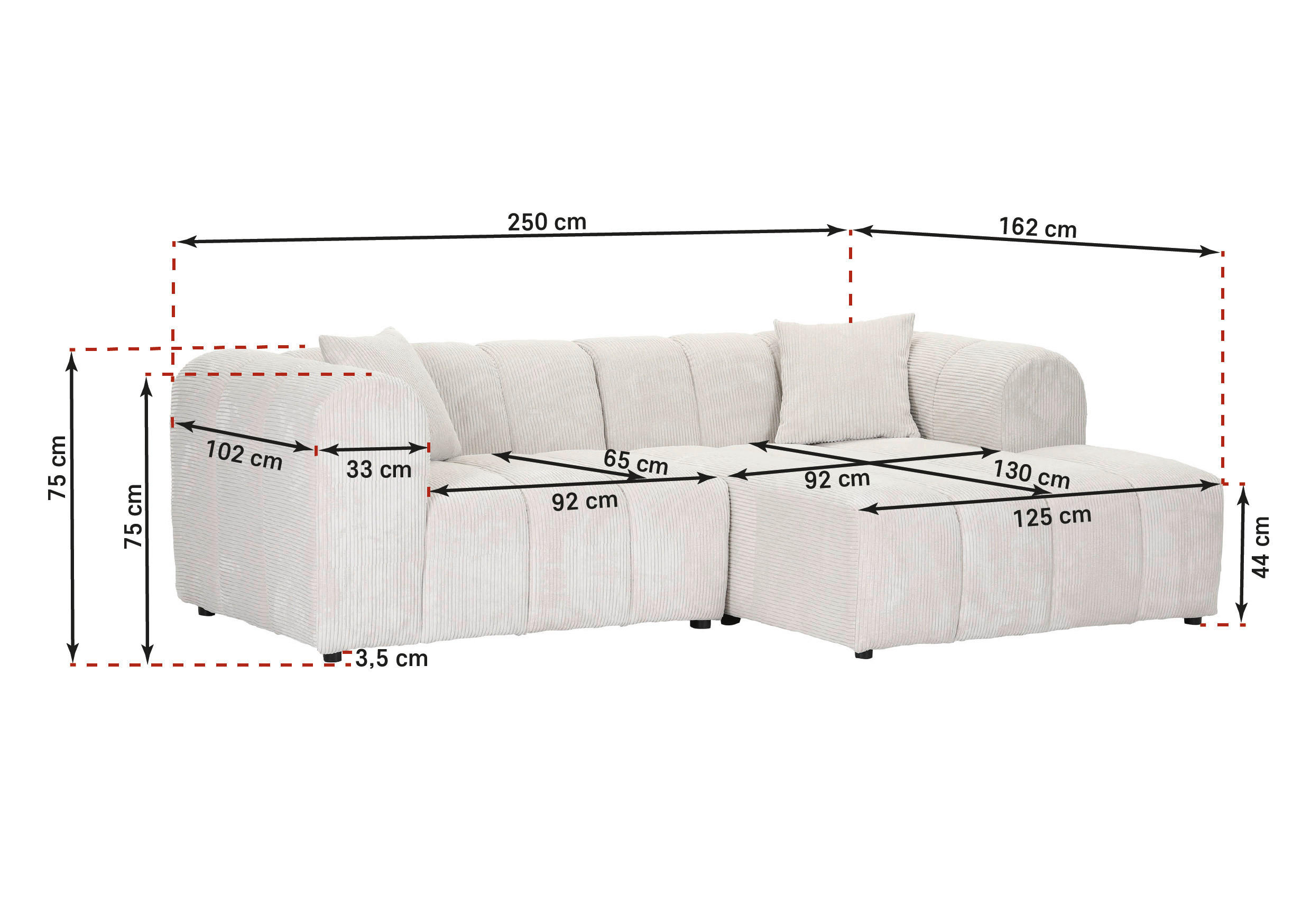 Thumbnail - Carryhome Ecksofa, Natur, Textil, 2-Sitzer, Füllung: Schaumstoffflocken, Ottomane rechts, L-Form, 250x162 cm, seitenverk...