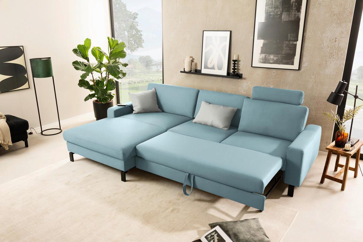 ECKSOFA  in Cord Hellblau Rücken echt, Sitztiefenverstellung  185/298 cm  - Schwarz/Hellblau, Design, Textil/Metall (185/298cm) - Pure Home Lifestyle