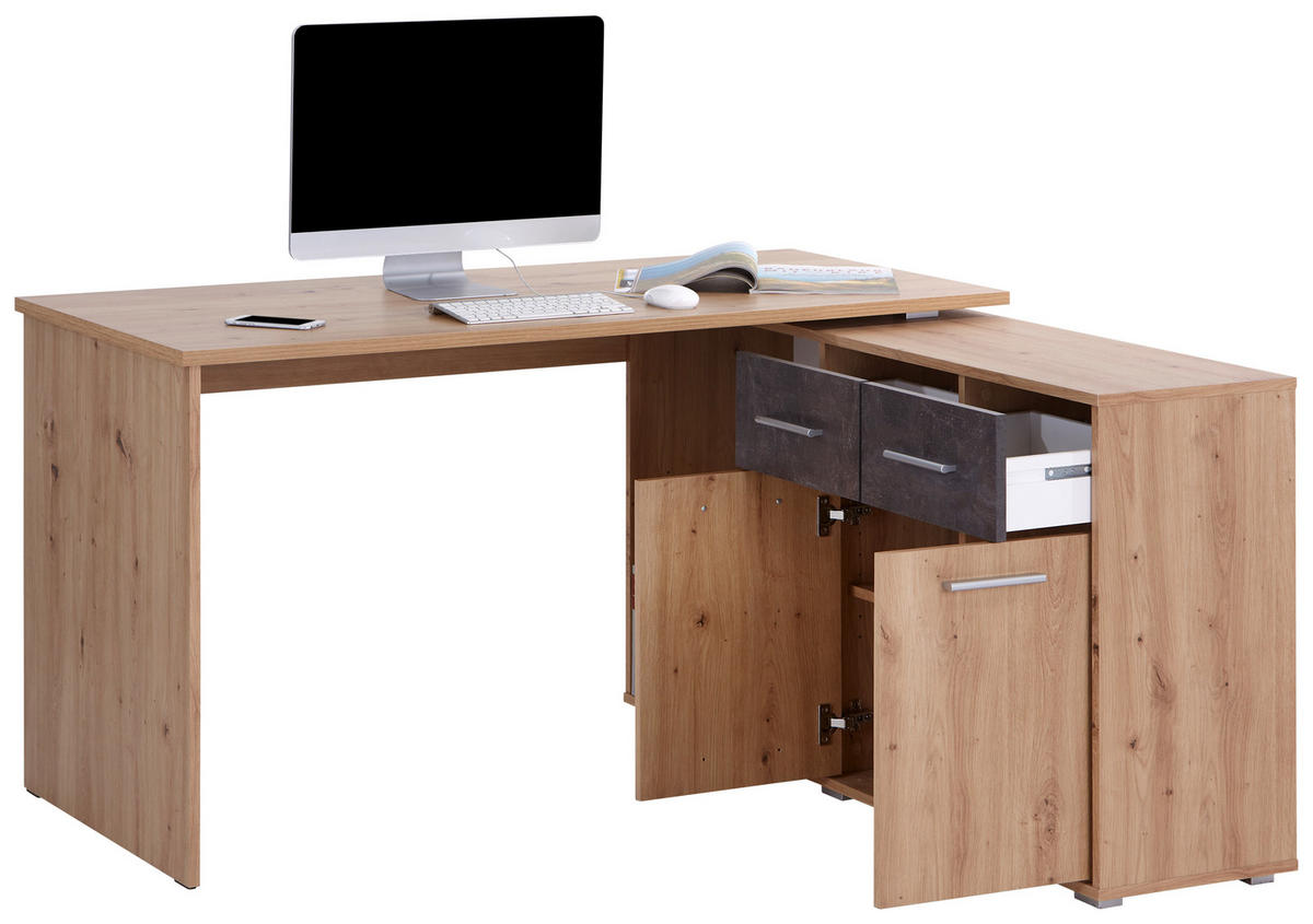 KOTNA PISALNA MIZA leseni material temno siva, hrast artisan  - srebrne barve/temno siva, Moderno, umetna masa/leseni material (138/76,1/135,4cm) - Carryhome