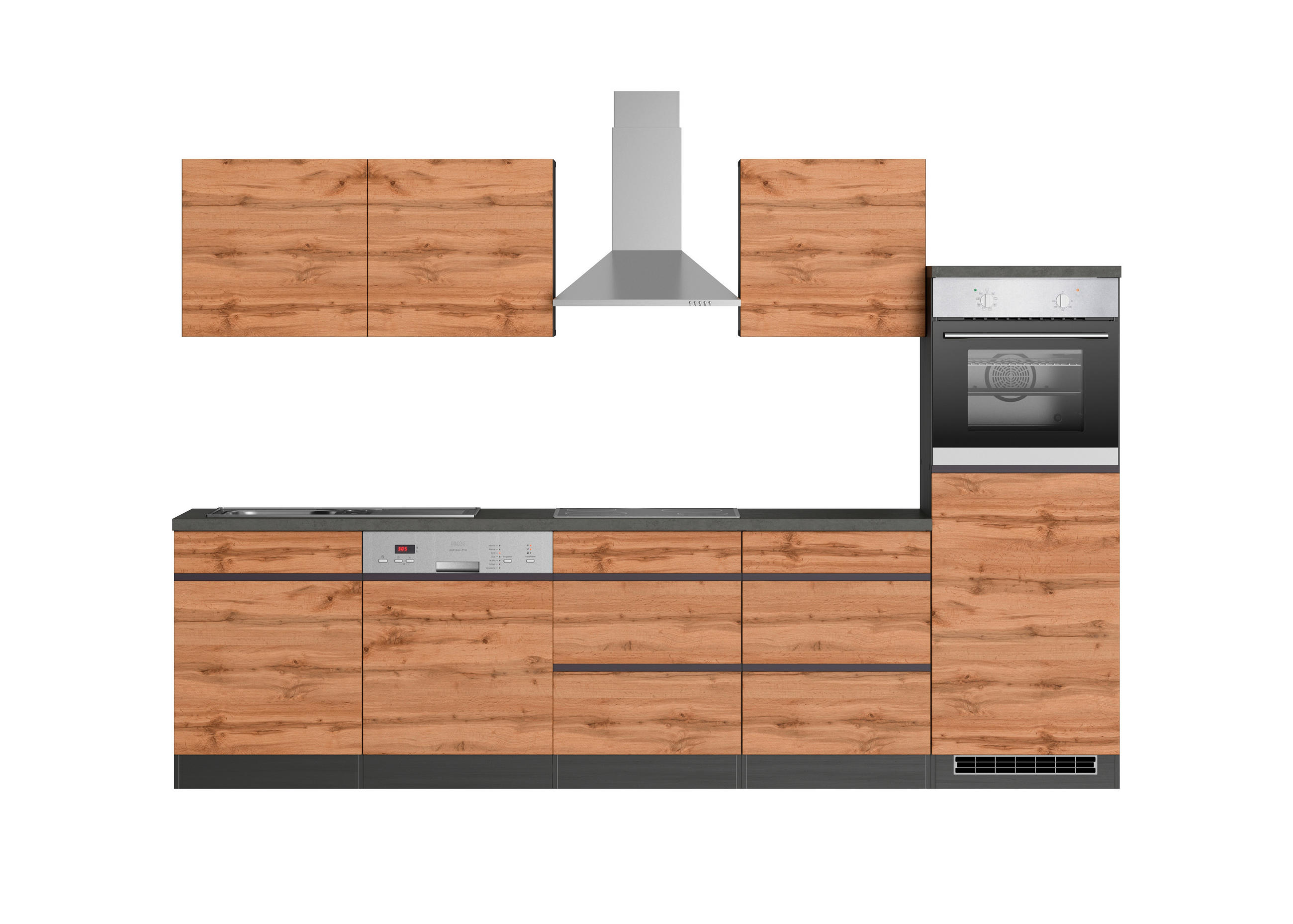 KÜCHENBLOCK 300 cm in Graphitfarben, Eiche Wotan - Eiche Wotan/Graphitfarben, Design, Holzwerkstoff (300cm) - Held