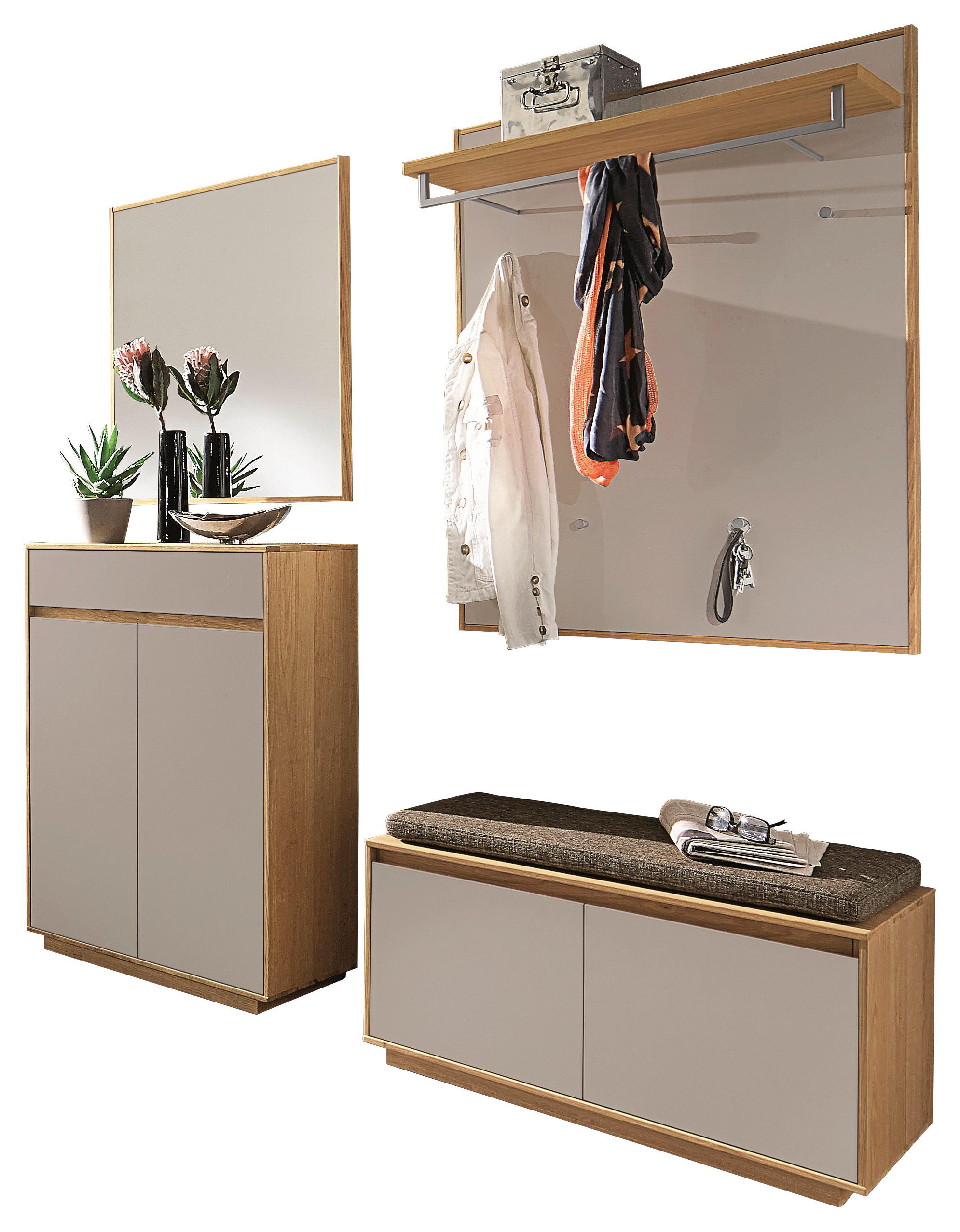 Thumbnail - Garderobe, Eiche, Sand, Hellbraun, Holz, Glas, Textil, Holzwerkstoff, 5-teilig, Eiche, teilmassiv, 165x195x40 cm, Golden...