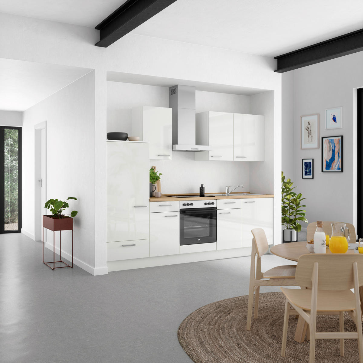 KÜCHENLEERBLOCK 270 cm   in Eichefarben, Weiß Hochglanz  - Edelstahlfarben/Eichefarben, MODERN, Holzwerkstoff/Metall (270cm) - Nobilia