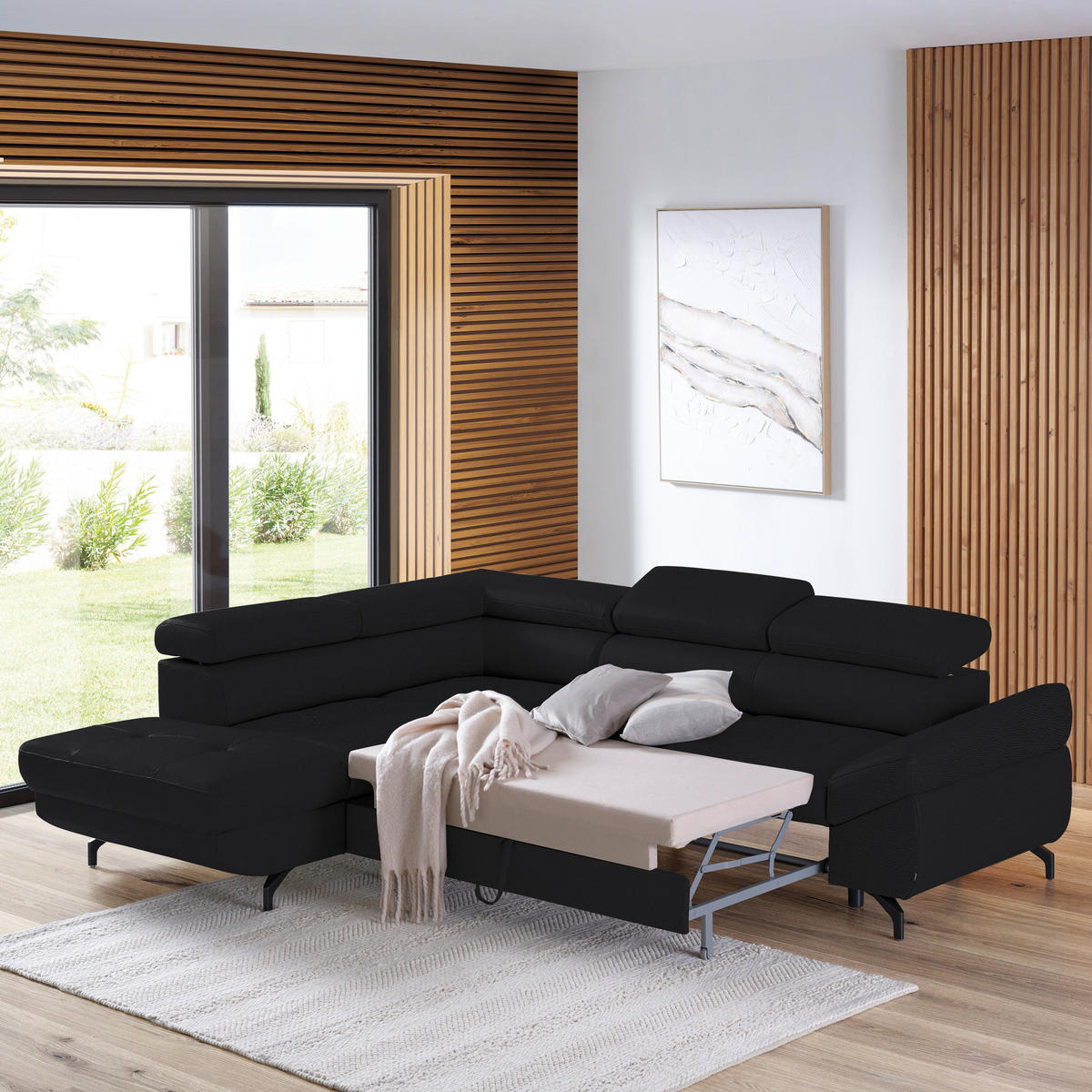 ECKSOFA in Echtleder Schwarz  - Schwarz, Design, Leder/Metall (220/270cm) - Novel