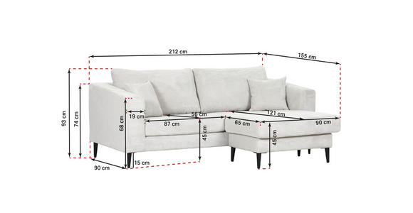 ECKSOFA Hellgrau Cord  - Hellgrau/Schwarz, KONVENTIONELL, Holz/Textil (212/155cm) - Carryhome