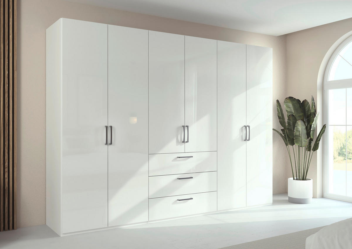 DREHTÜRENSCHRANK 301/235/61 cm,  in Weiß, Weiß Hochglanz, 6-türig  - Edelstahlfarben/Weiß Hochglanz, Basics, Holzwerkstoff/Metall (301/235/61cm) - Novel