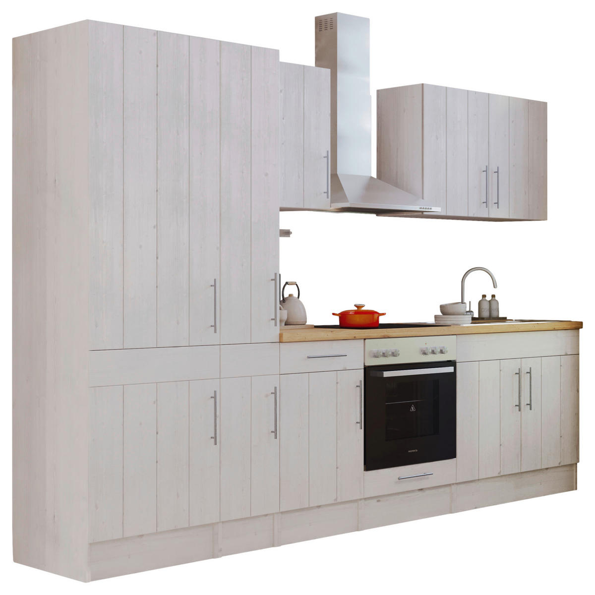 KÜCHENBLOCK 300 cm   in Weiß, Lärchefarben  - Wildeiche/Edelstahlfarben, ROMANTIK / LANDHAUS, Holzwerkstoff/Metall (300cm) - Respekta