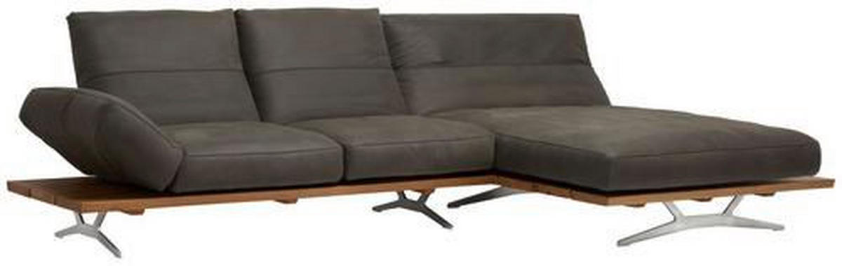 ECKSOFA inkl.Funktion Nurano Braun, Eichefarben Echtleder  - Edelstahlfarben/Eichefarben, Natur, Leder/Holzwerkstoff (320/157cm) - Ambiente