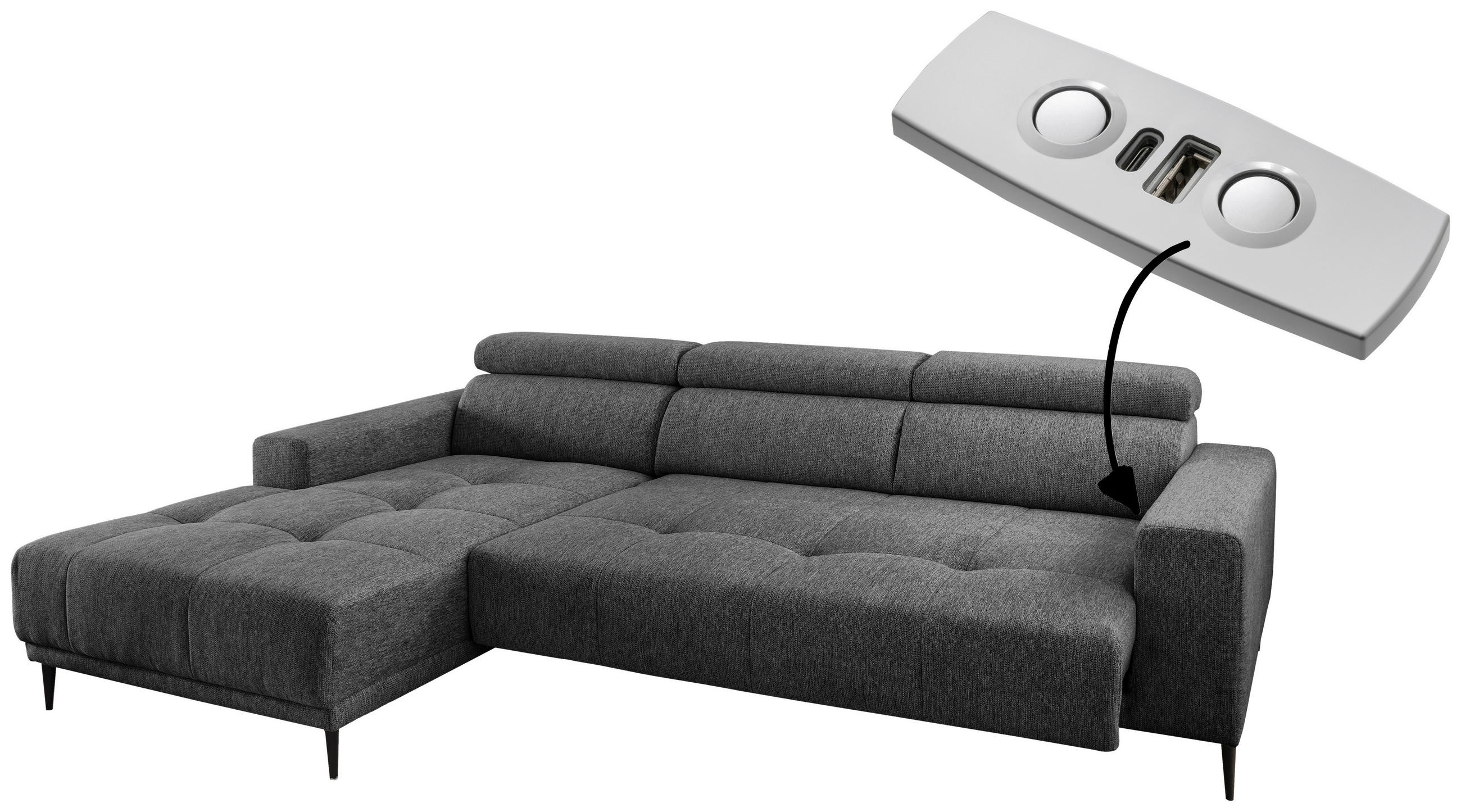 Thumbnail - Livetastic Ecksofa, Anthrazit, Textil, Uni, 4-Sitzer, Ottomane links, L-Form, 276x188 cm, Rücken echt, USB-Anschluss, US...