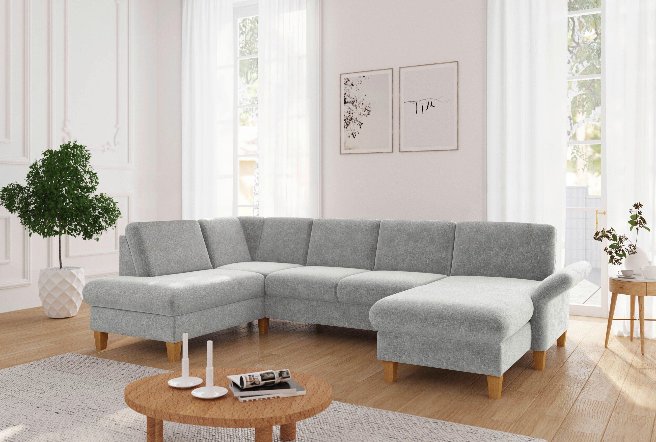WOHNLANDSCHAFT Hellgrau Flachgewebe  - Eichefarben/Hellgrau, KONVENTIONELL, Holz/Textil (195/314/164cm) - Sit & More