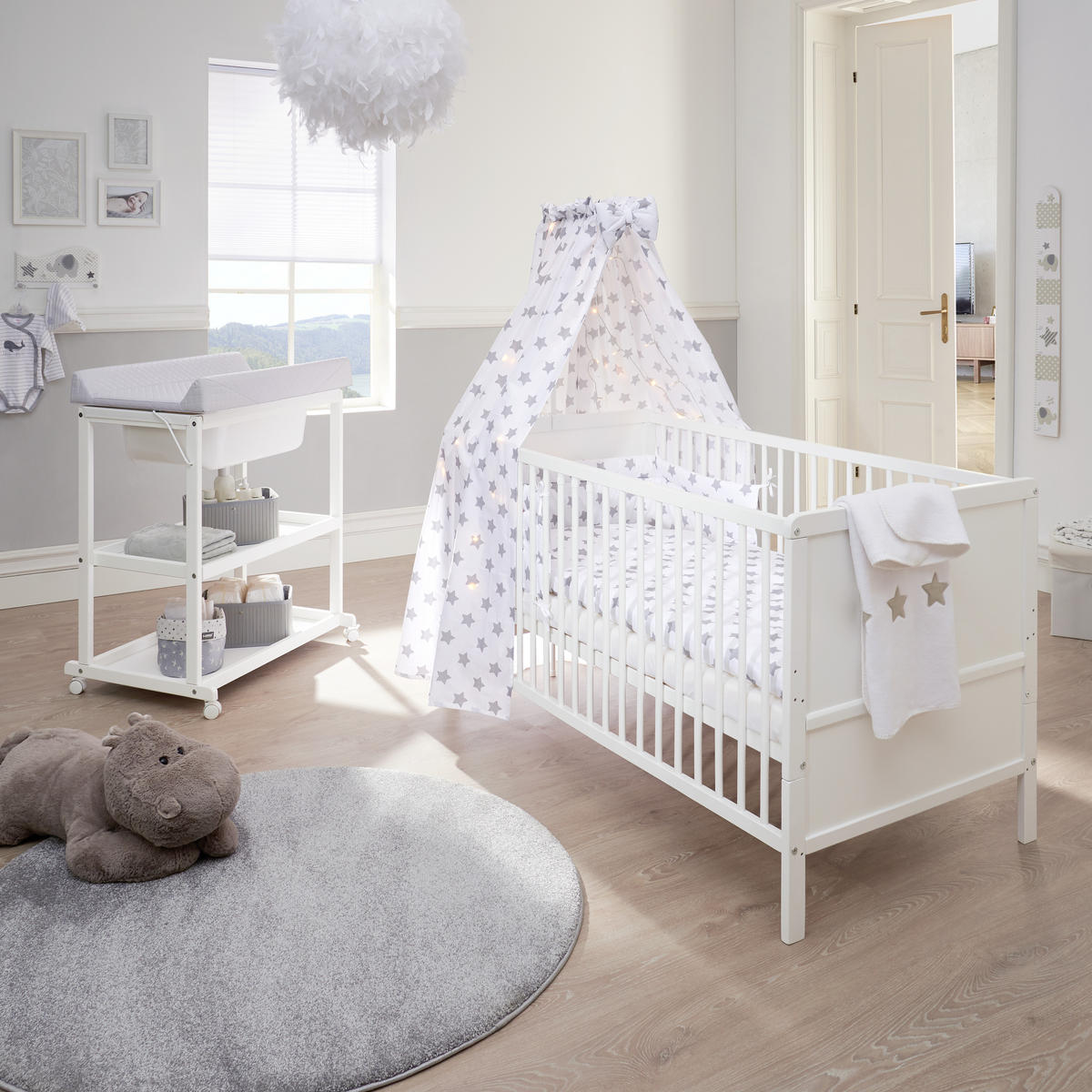 KREVETAC SA OGRADICOM-KOMPLET  STAR  - siva/bela, Lajfstajl, drvo/tekstil (144,5/74,5/82cm) - My Baby Lou