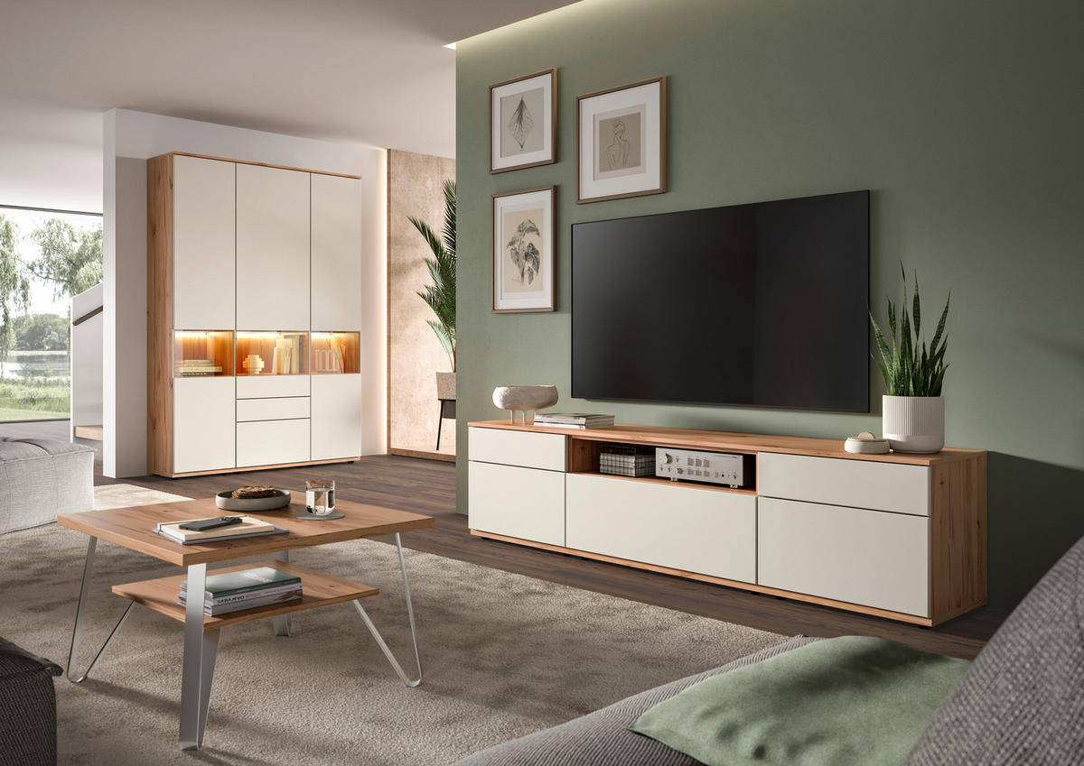 VITRINENKOMBINATION  in Buchefarben, Beige - Beige/Buchefarben, KONVENTIONELL, Glas/Holzwerkstoff (150/215/40cm) - Venda