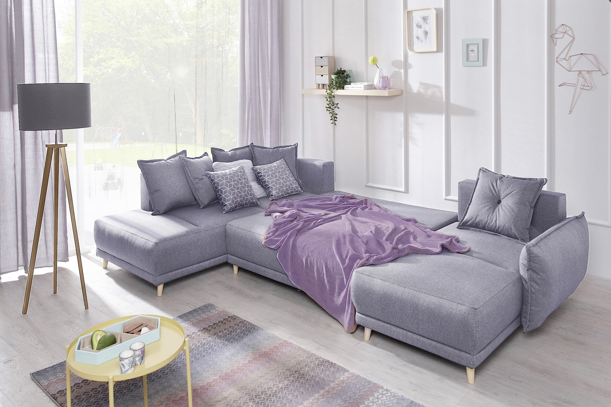 WOHNLANDSCHAFT Hellgrau Webstoff - Hellgrau/Kieferfarben, Basics, Holz/Textil (200/312/155cm) - MID.YOU