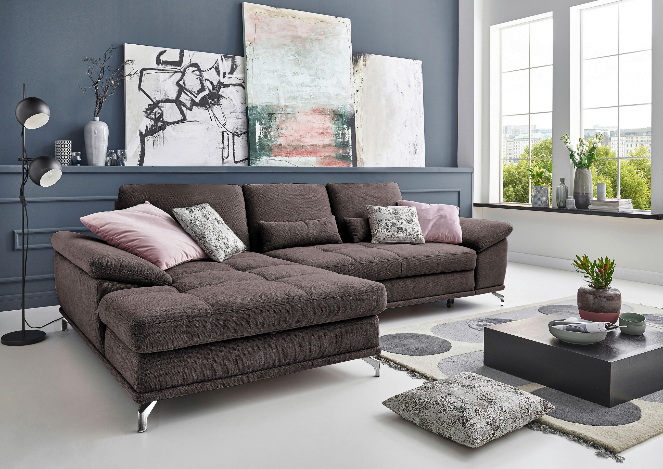ECKSOFA in Flachgewebe Dunkelbraun  - Dunkelbraun/Silberfarben, Konventionell, Textil/Metall (176/301cm) - Sit & More